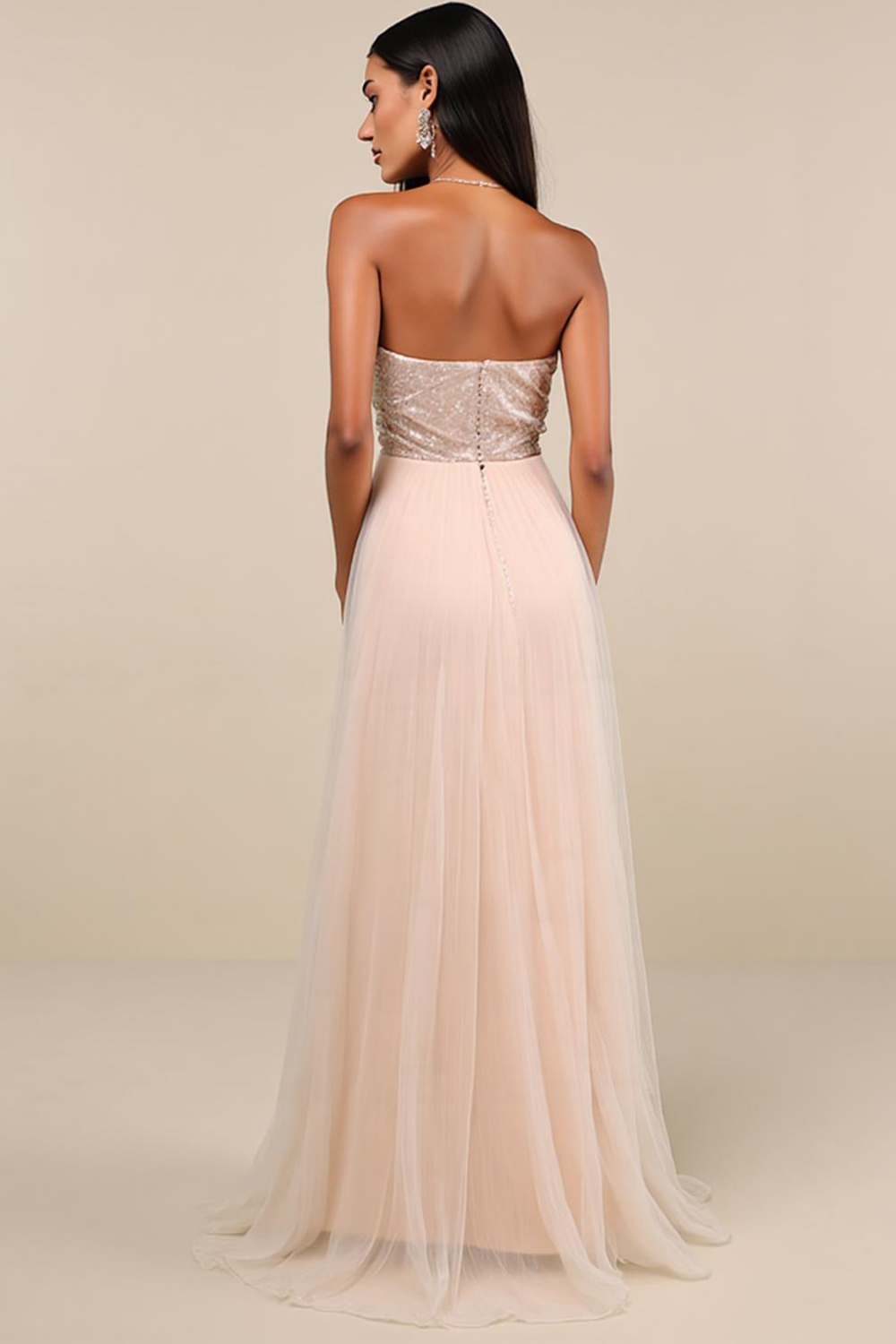 Modecrush Pink Sparkly Sequin A-Line Strapless Long Formal Wedding Guest Dress