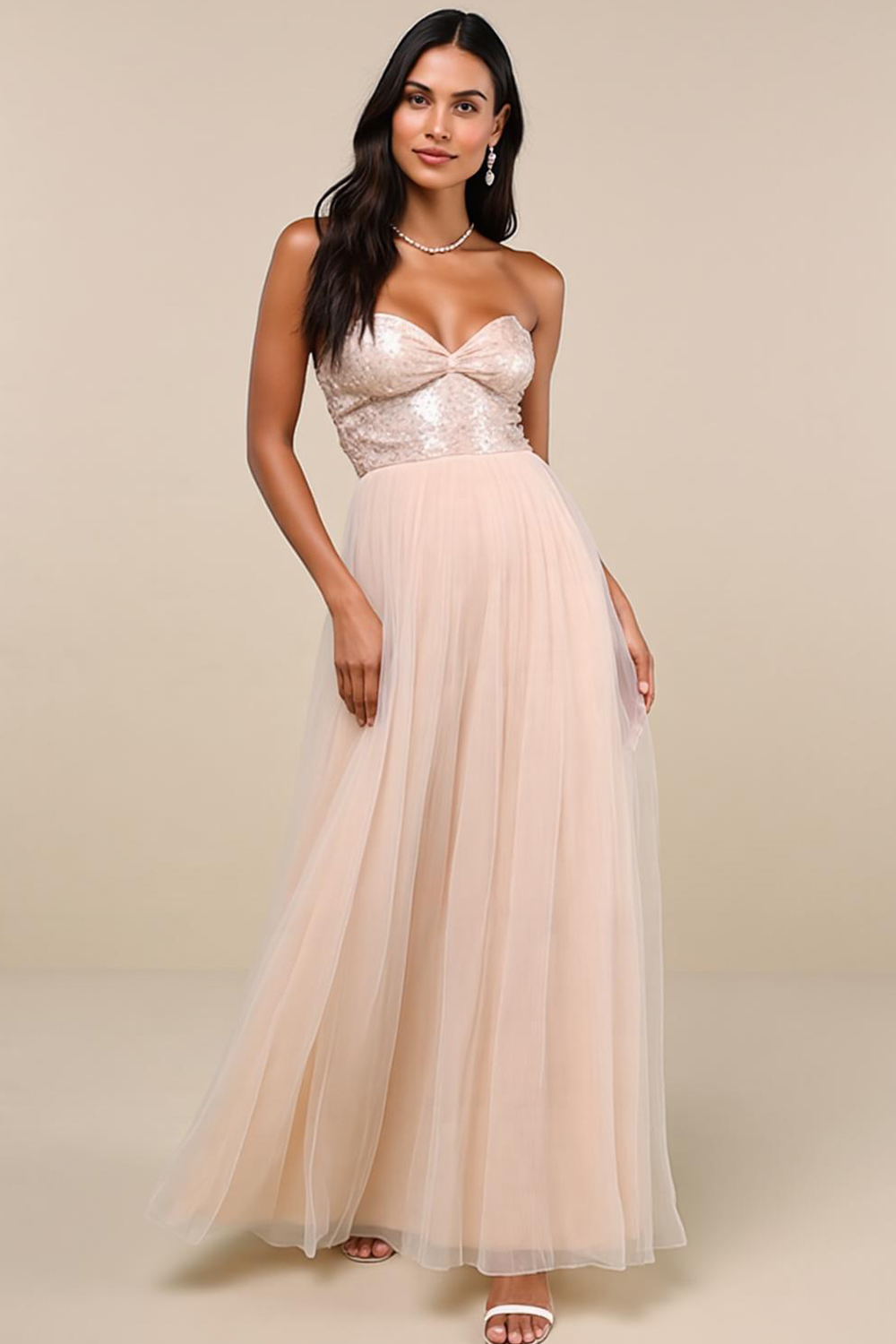 Modecrush Pink Sparkly Sequin A-Line Strapless Long Formal Wedding Gue