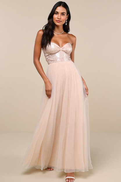 Modecrush Pink Sparkly Sequin A-Line Strapless Long Formal Wedding Gue