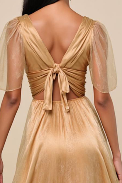 Modecrush Glitter Champagne Pleated Satin Long Dress with Short Sleeves