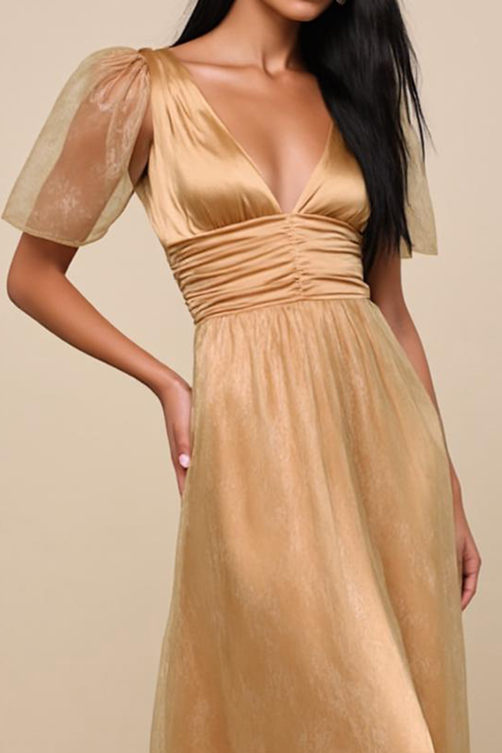 Modecrush Glitter Champagne Pleated Satin Long Dress with Short Sleeves