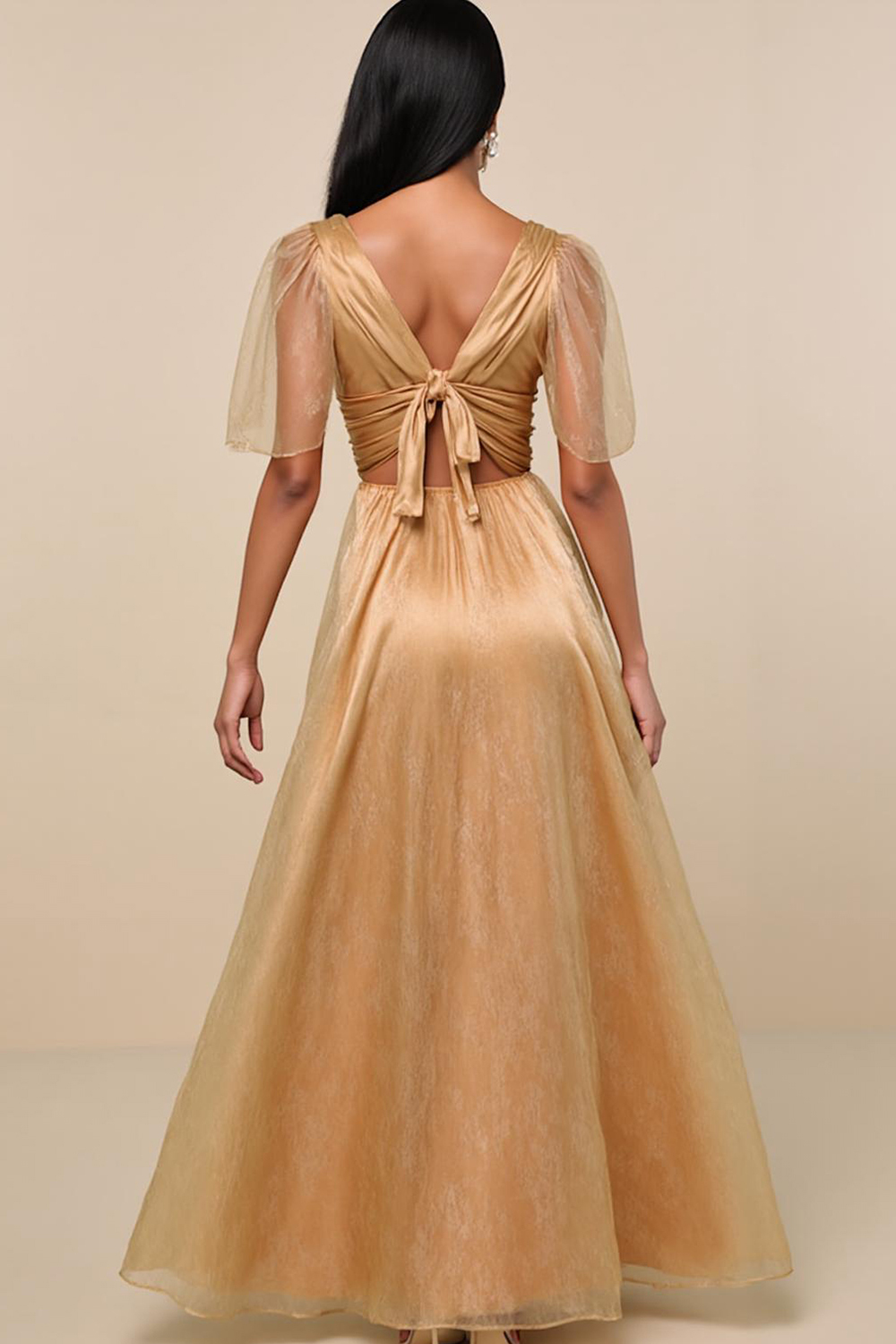 Modecrush Glitter Champagne Pleated Satin Long Dress with Short Sleeves