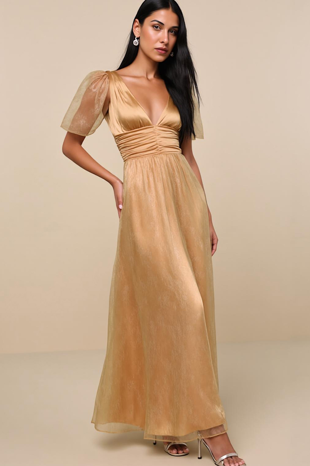 Modecrush Glitter Champagne Pleated Satin Long Dress with Short Sleeve