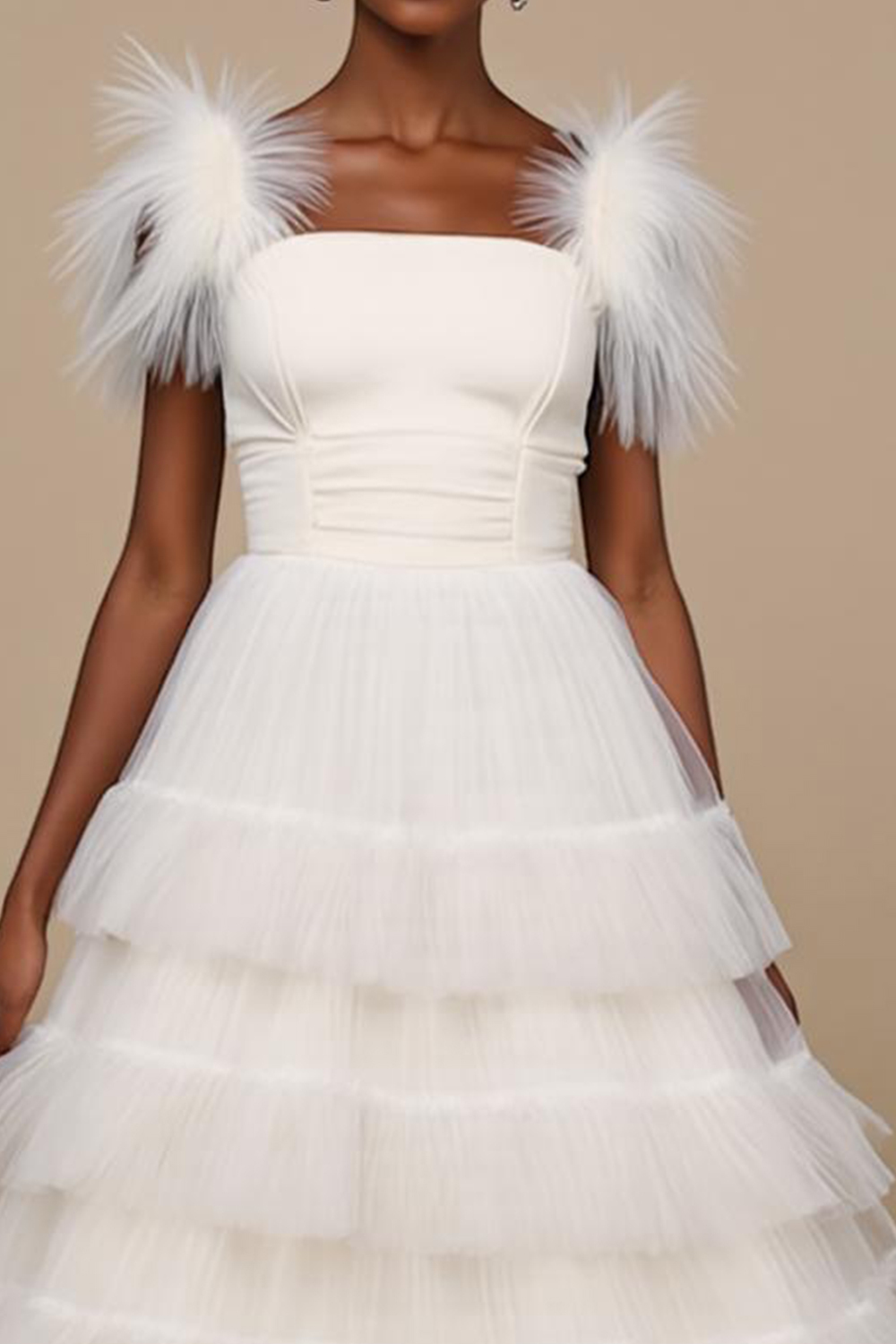 Modecrush White Organza Tiered Feather Ball Gown Wedding Guest Dress