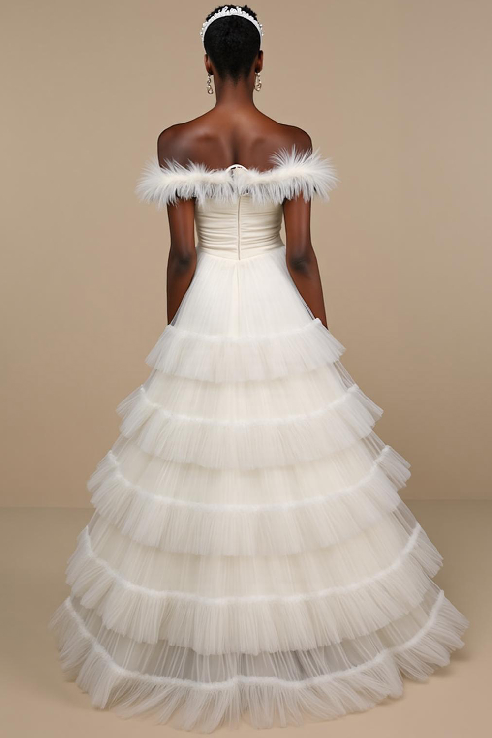 Modecrush White Organza Tiered Feather Ball Gown Wedding Guest Dress
