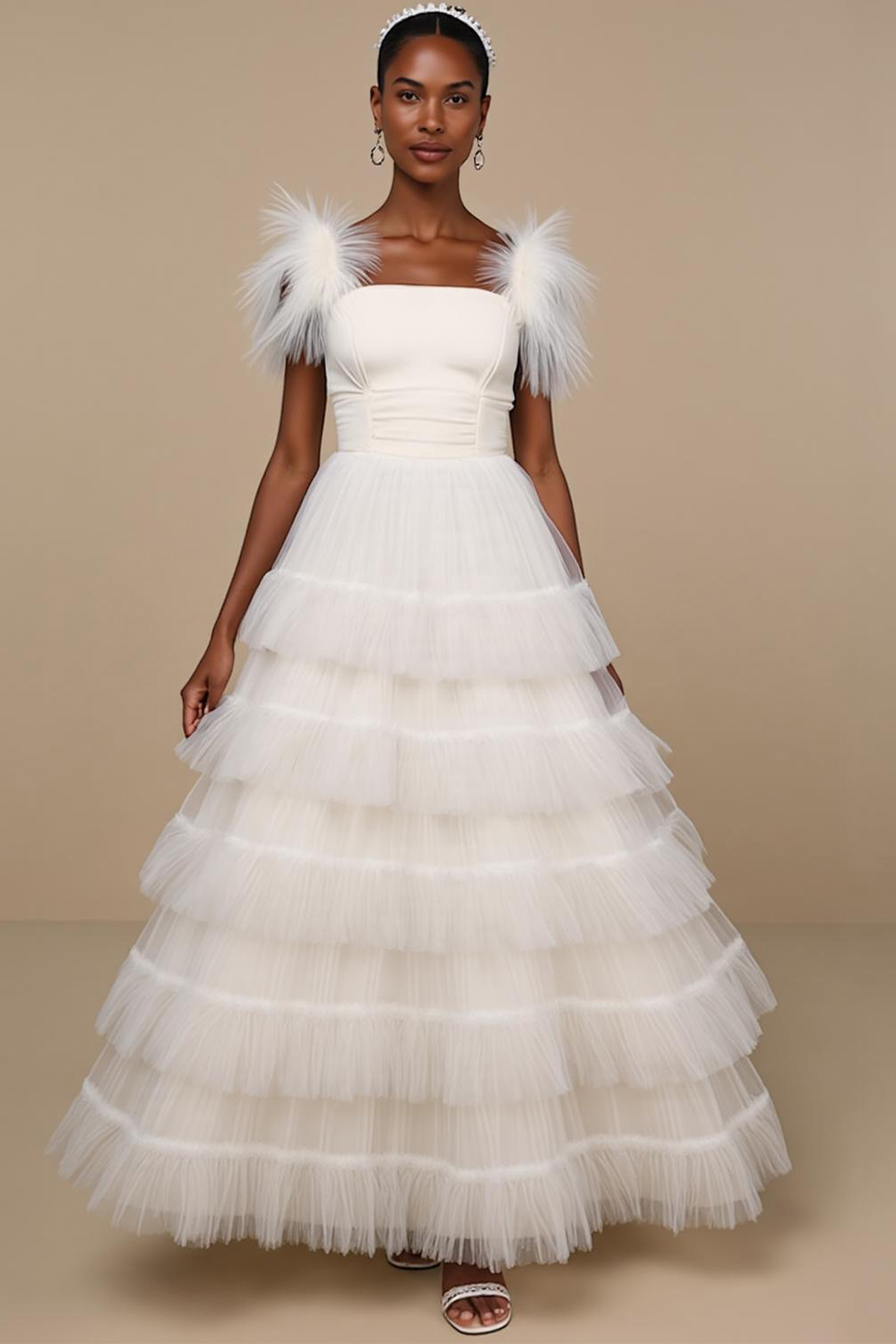 Modecrush White Organza Tiered Feather Ball Gown Wedding Guest Dress