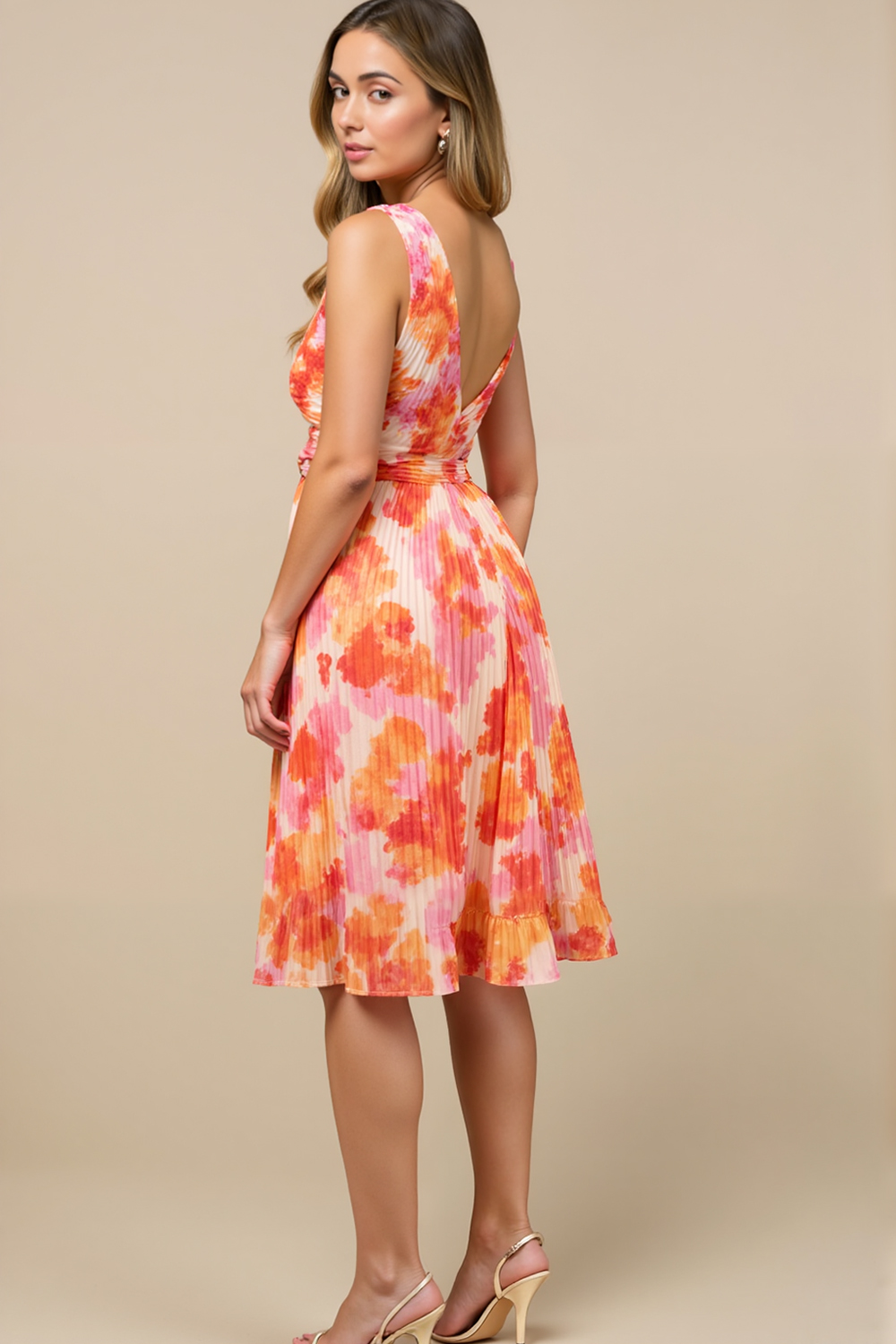 Modecrush Orange Floral Satin V-Neck Sleeveless A-Line Midi Dress with Pleats