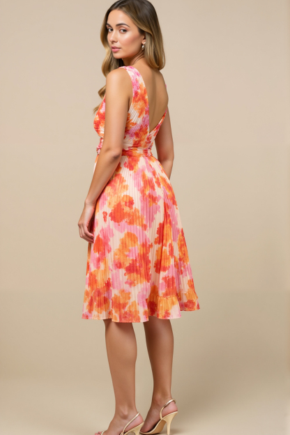 Modecrush Orange Floral Satin V-Neck Sleeveless A-Line Midi Dress with Pleats