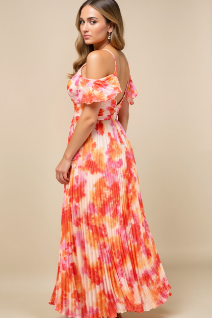 Modecrush Orange Floral Satin V-Neck A-Line Long Dress with Pleats