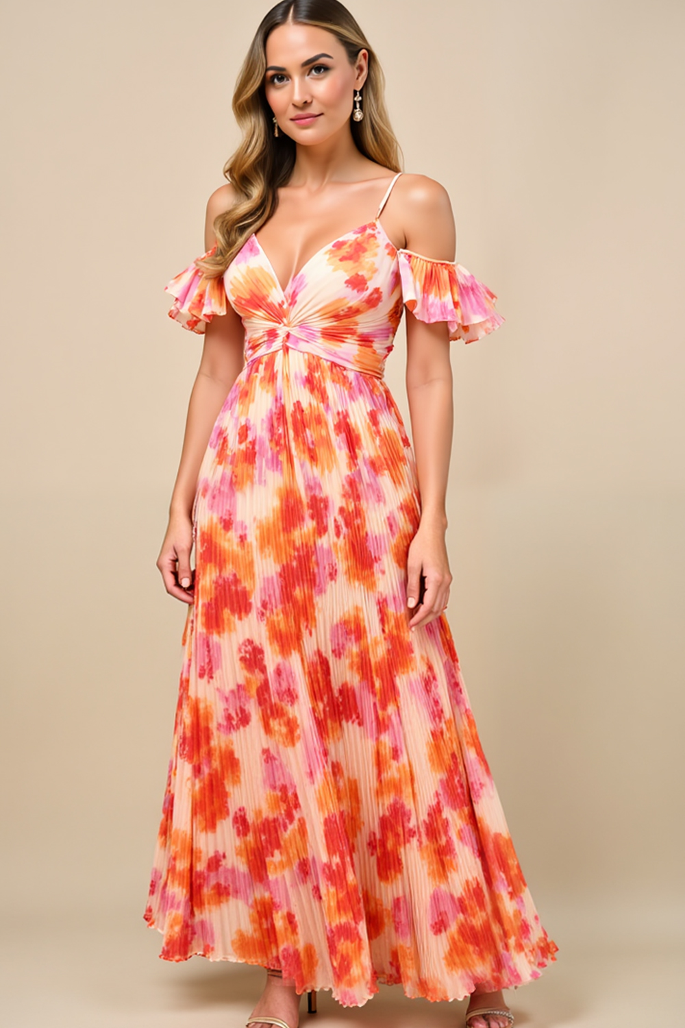 Modecrush Orange Floral Satin V-Neck A-Line Long Dress with Pleats