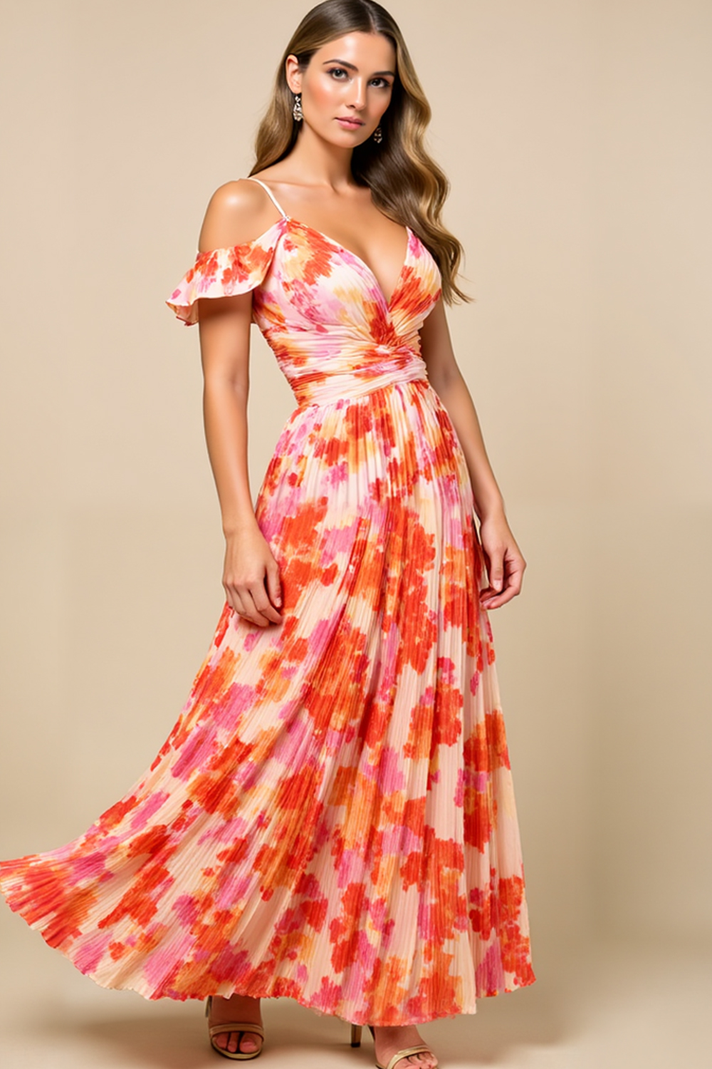 Modecrush Orange Floral Satin V-Neck A-Line Long Dress with Pleats