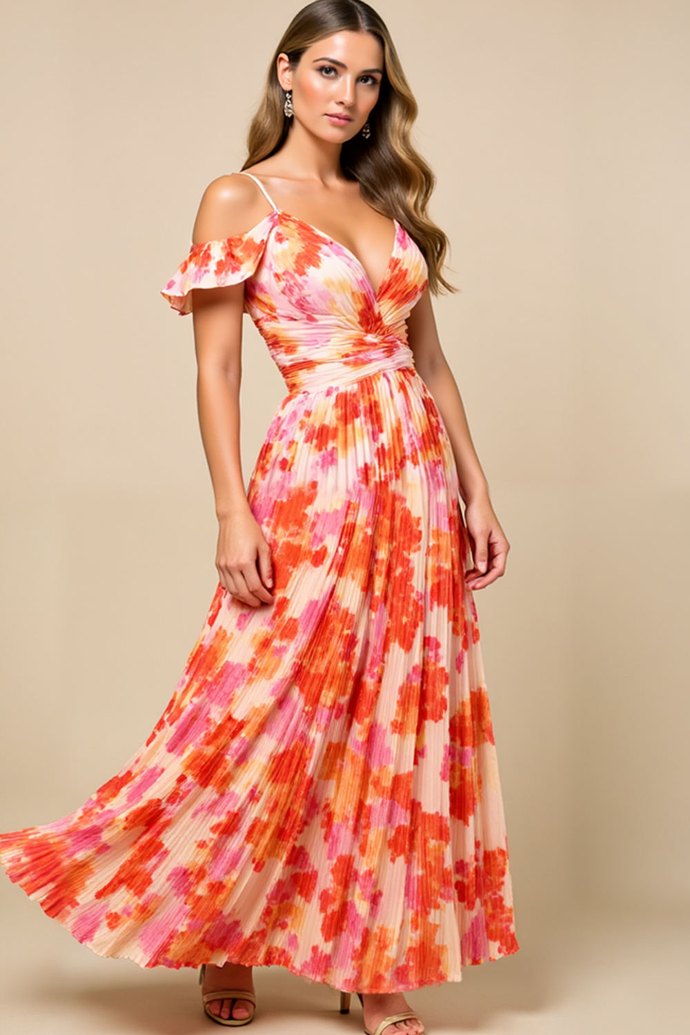 Modecrush Orange Floral Satin V-Neck A-Line Long Dress with Pleats