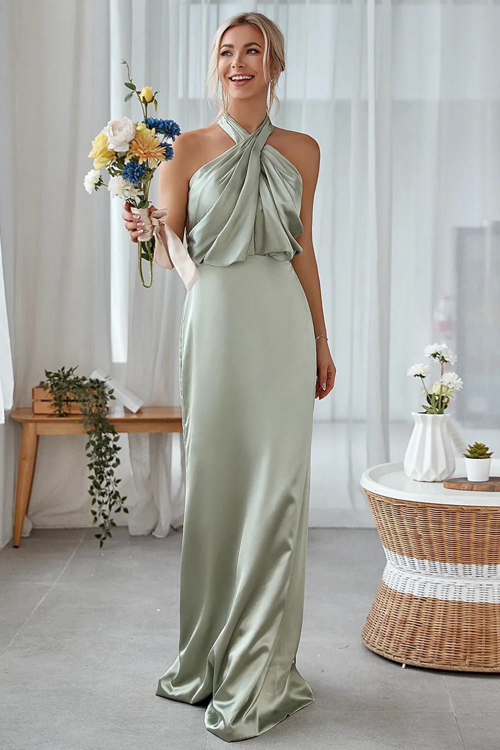 Dusty Sage Sheath Halter Neck Satin Long Bridesmaid Dress
