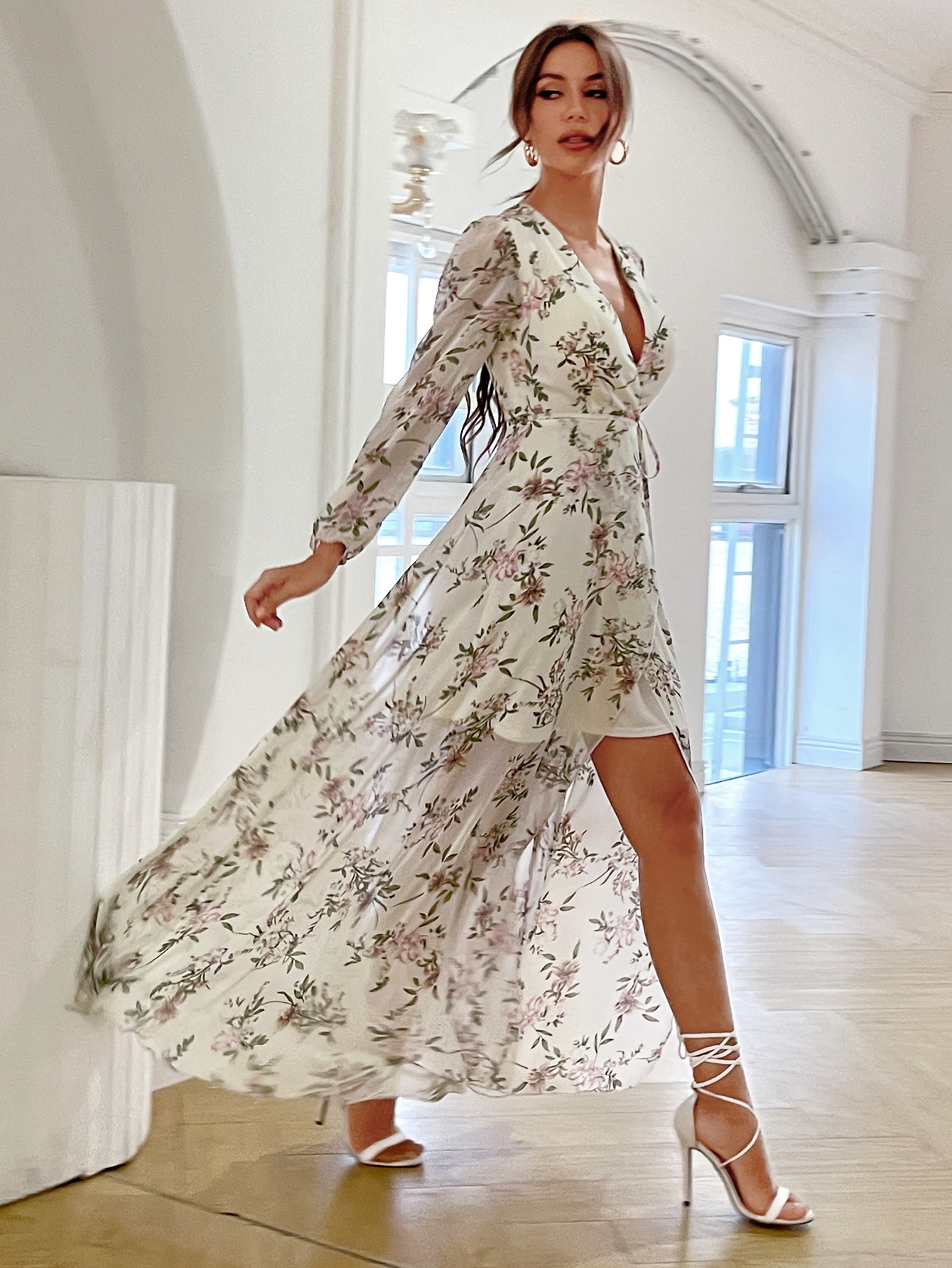 Leely Elegant V Neck Long Sleeve Asymmetrical hem Party Dress