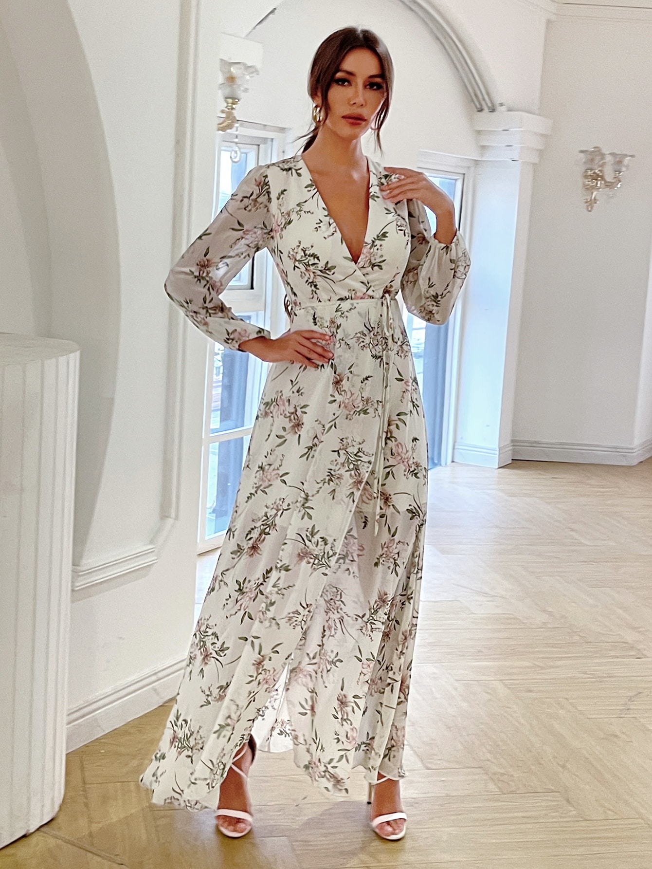 Leely Elegant V Neck Long Sleeve Asymmetrical hem Party Dress