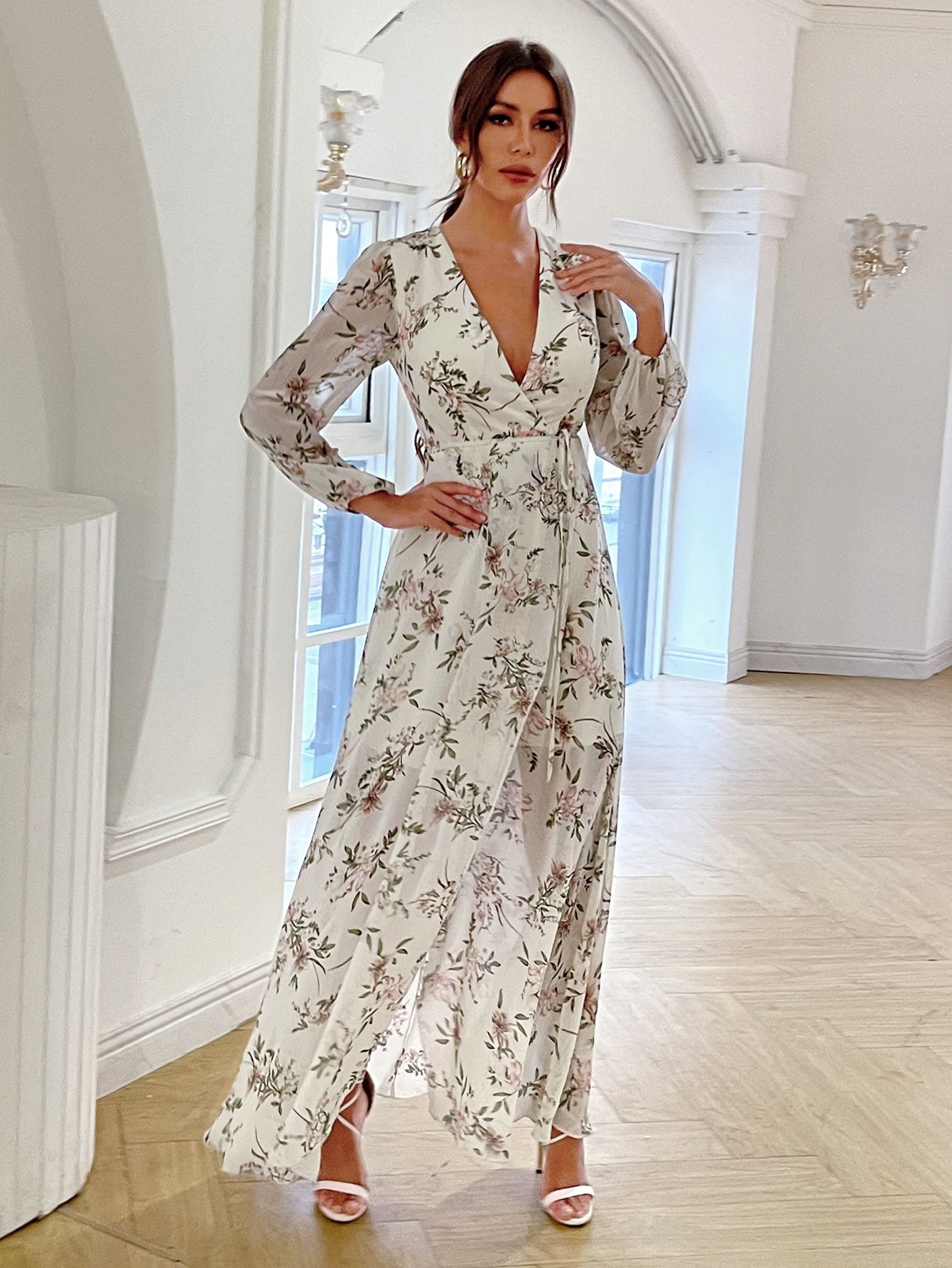 Leely Elegant V Neck Long Sleeve Asymmetrical hem Party Dress