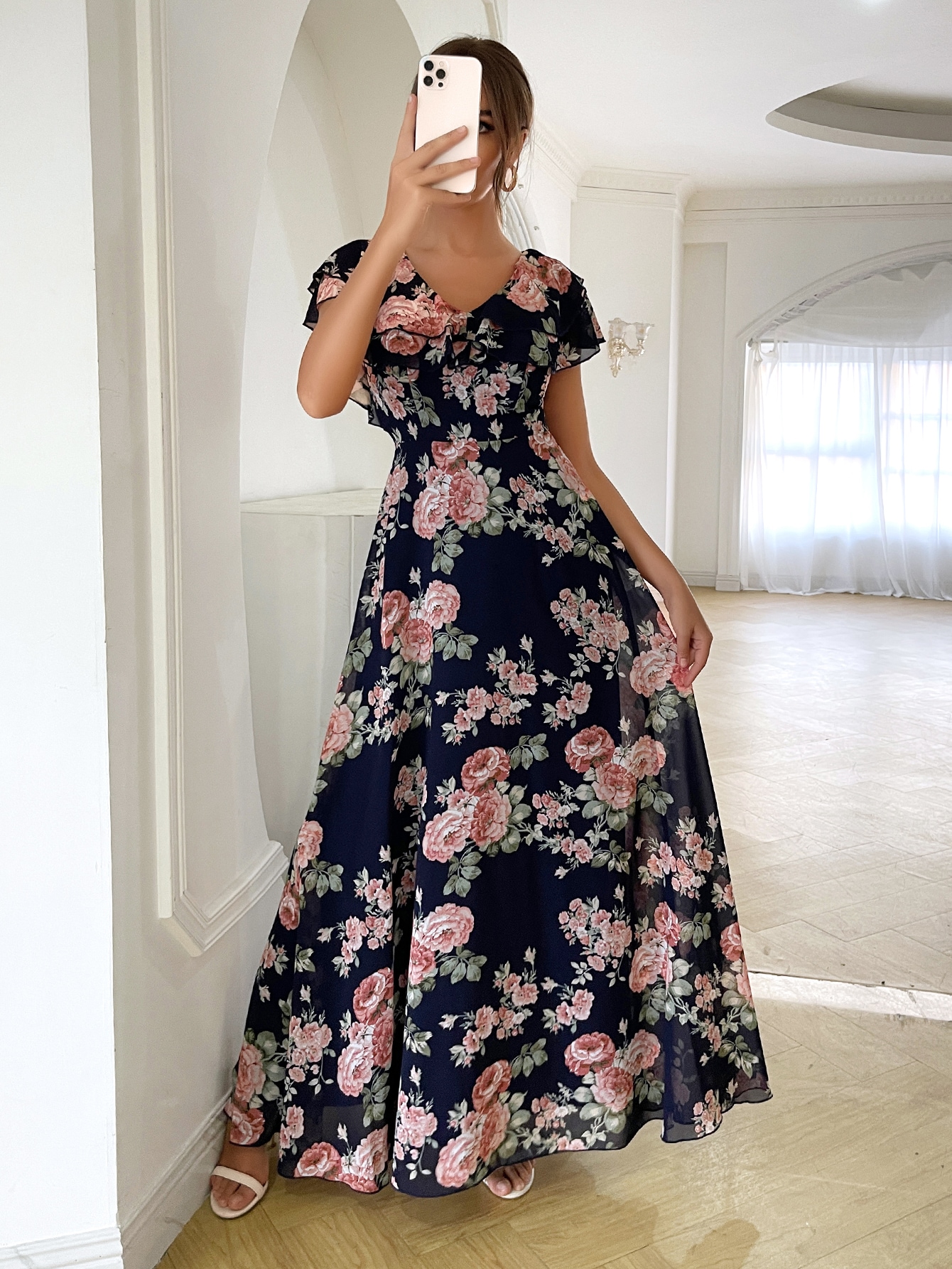 Leely Elegant V Neck Flounce Sleeve A-line Party Dress