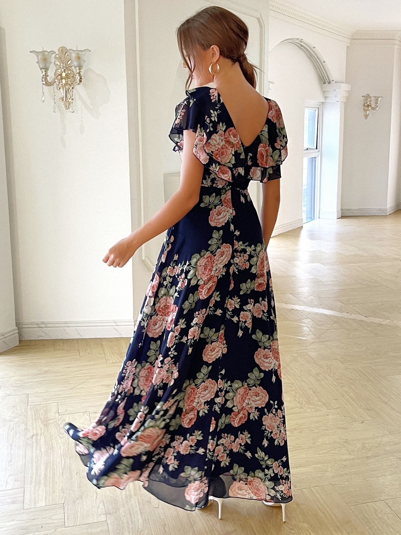 Leely Elegant V Neck Flounce Sleeve A-line Party Dress