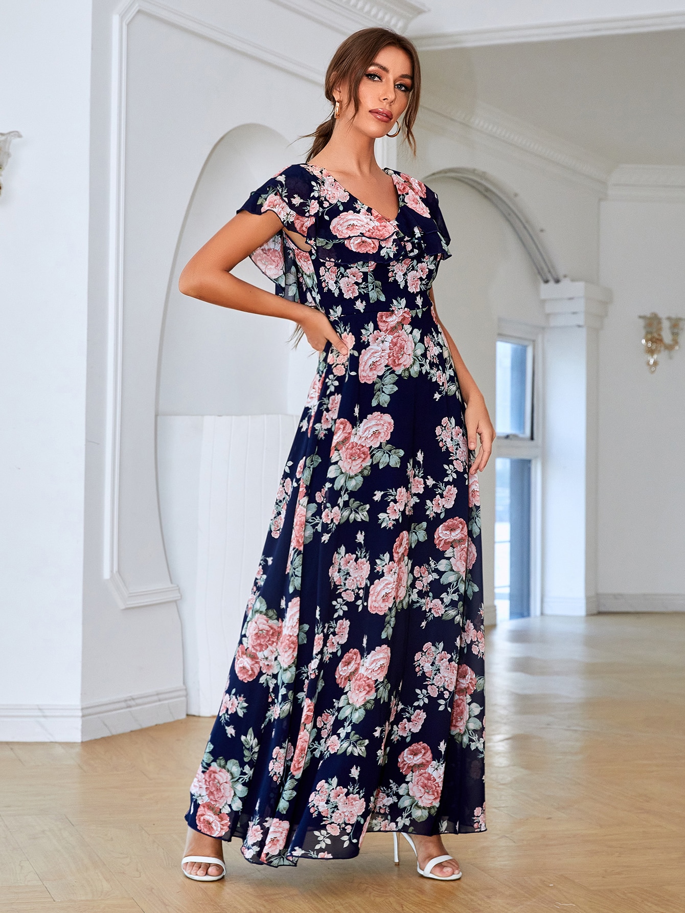 Leely Elegant V Neck Flounce Sleeve A-line Party Dress