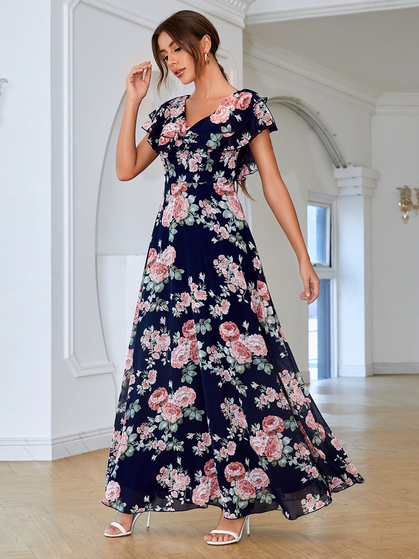 Leely Elegant V Neck Flounce Sleeve A-line Party Dress