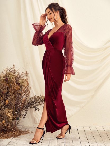 Leely Elegant V Neck Flare Sleeve Mermaid Party Dress