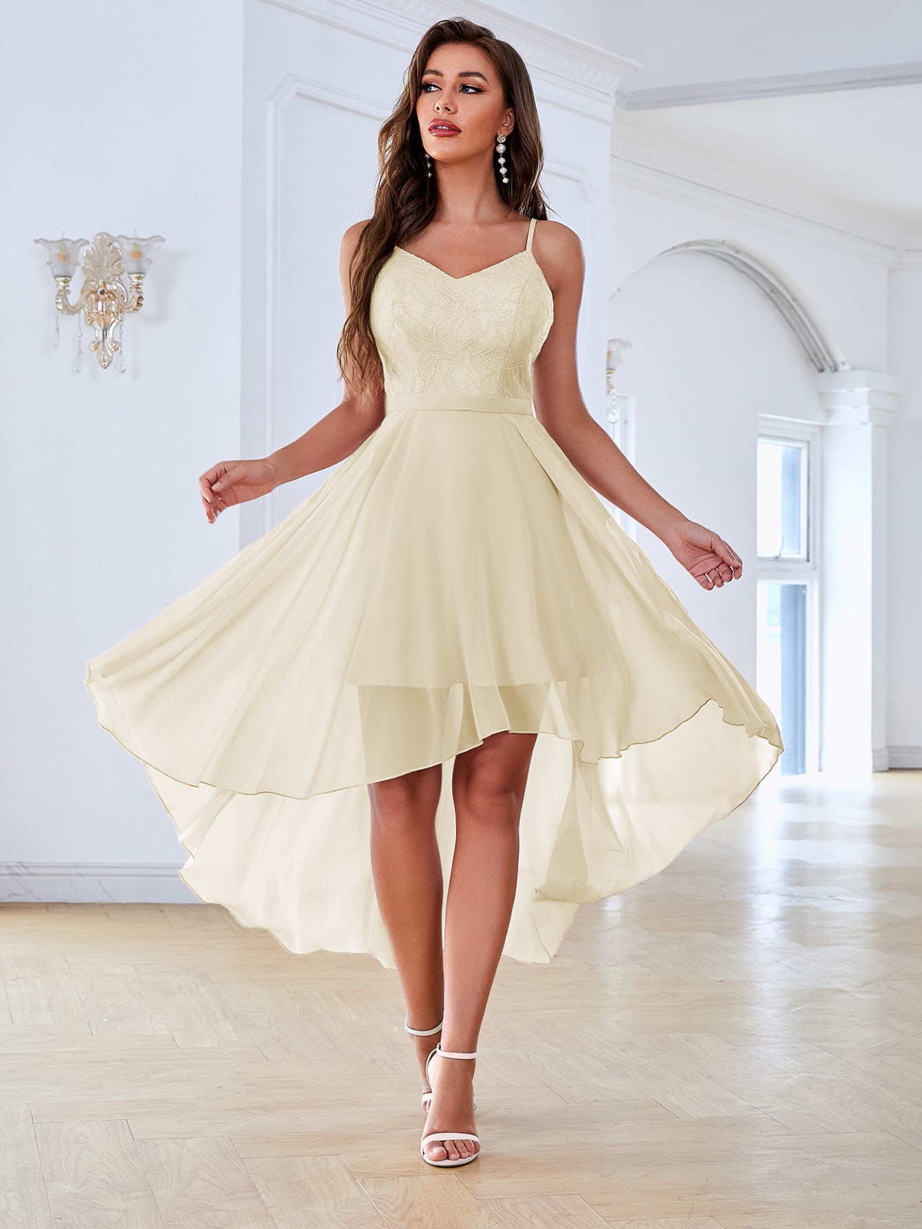 Leely Elegant Spaghetti Straps Sleeveless A-line High-Low Party Dress
