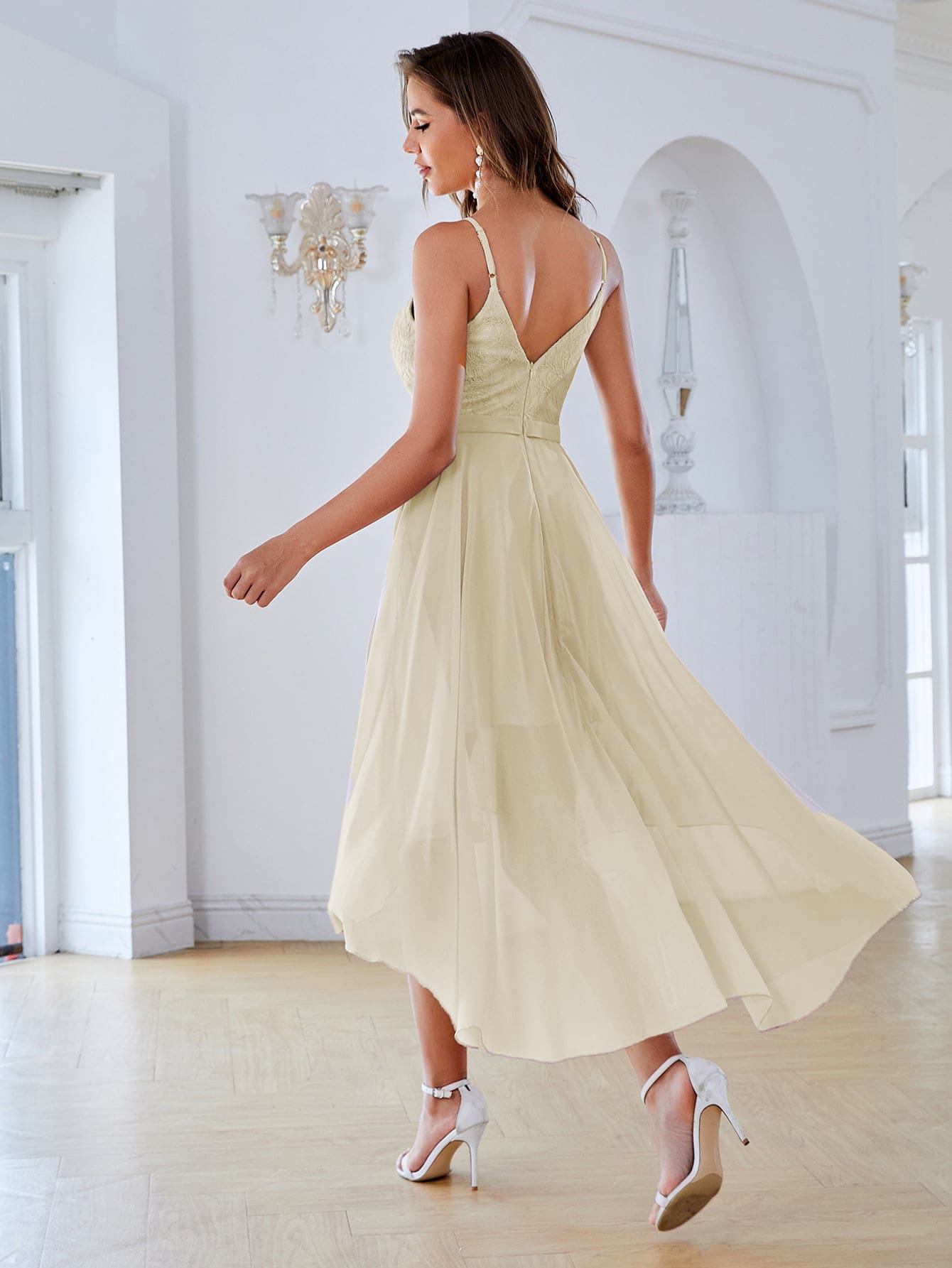 Leely Elegant Spaghetti Straps Sleeveless A-line High-Low Party Dress