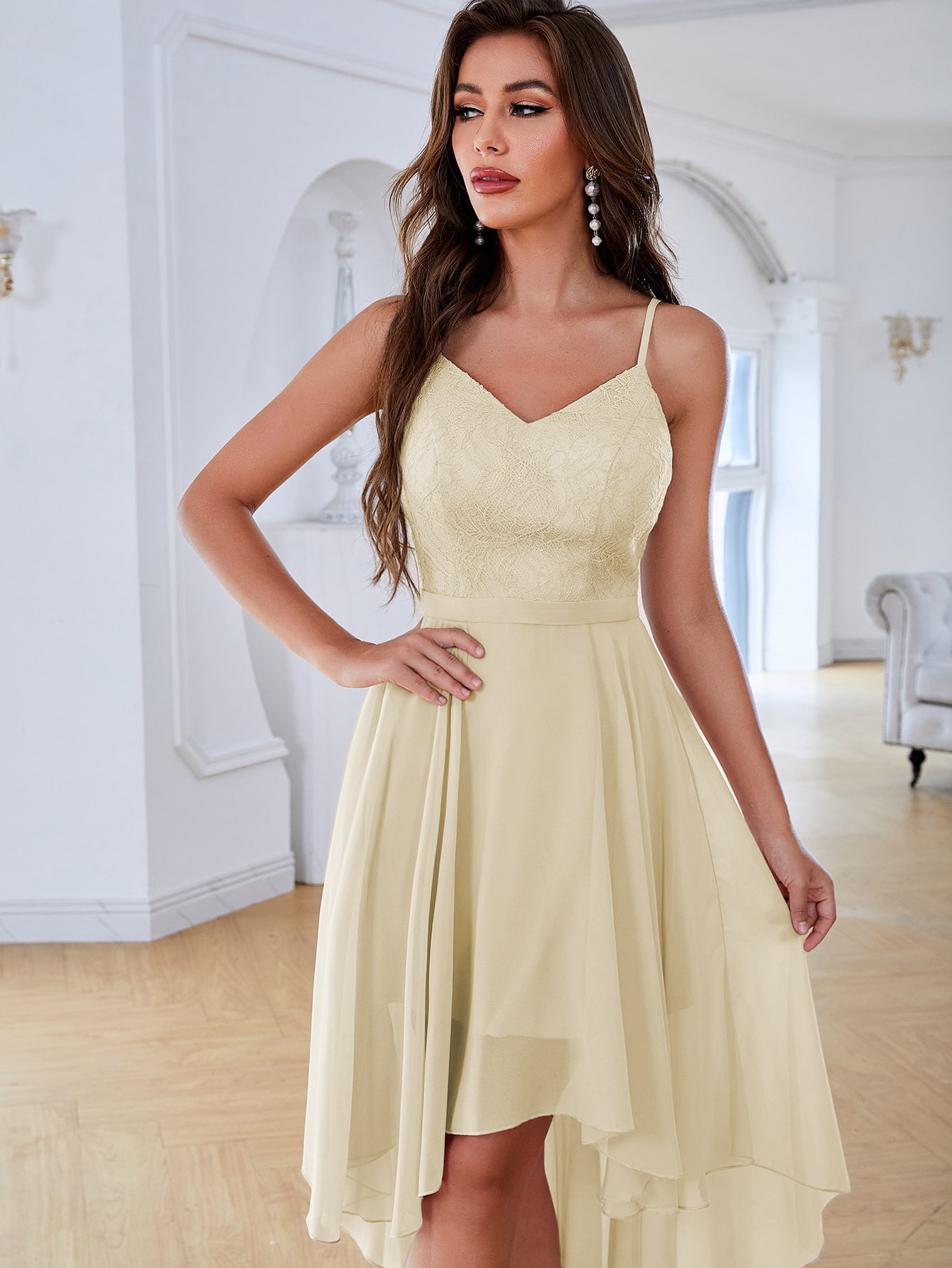 Leely Elegant Spaghetti Straps Sleeveless A-line High-Low Party Dress