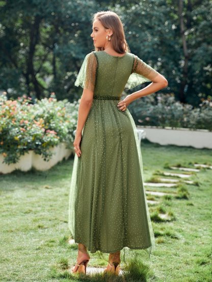 Leely Elegant V Neck Flounce Sleeve A-line Party Dress