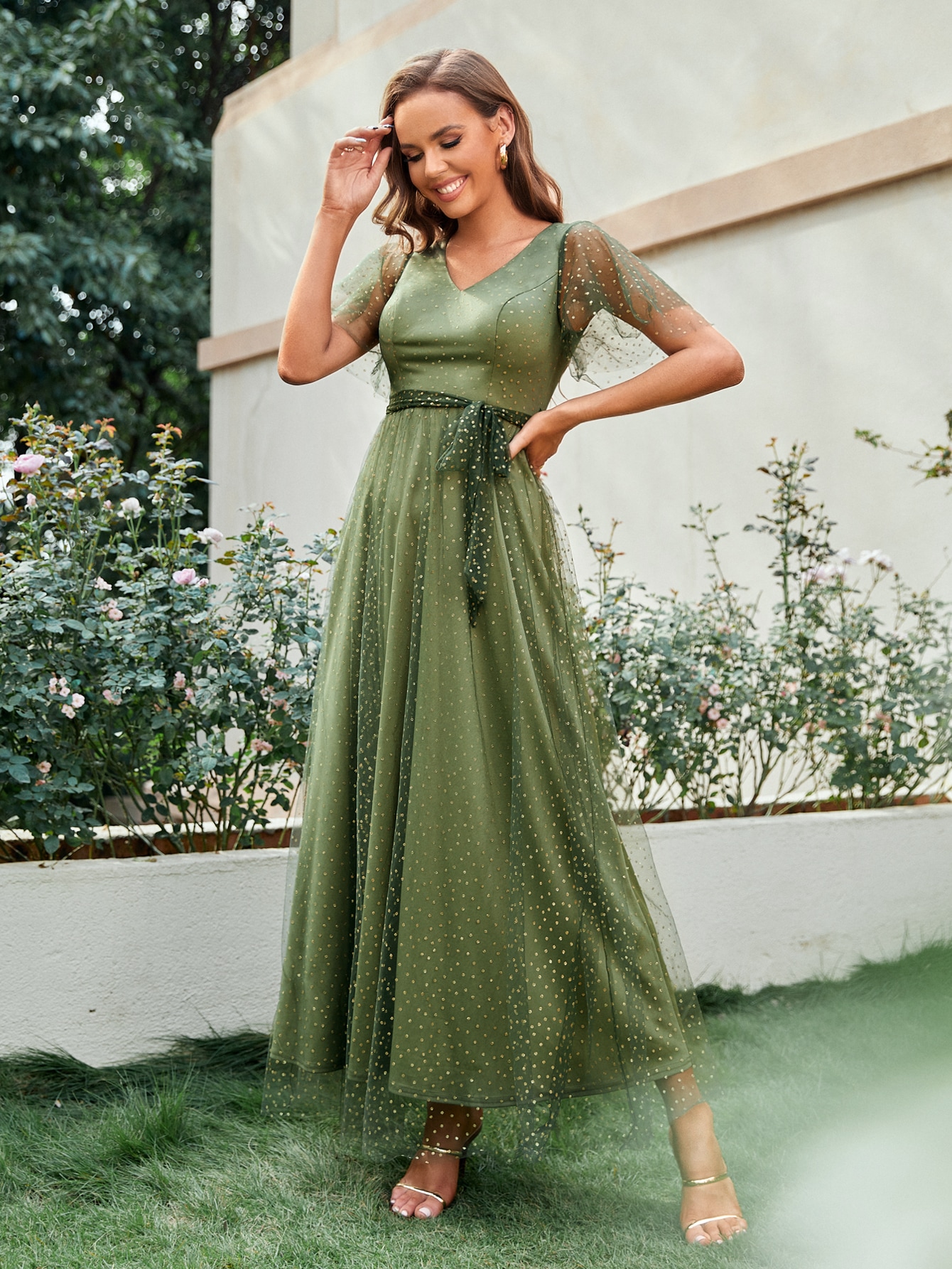 Leely Elegant V Neck Flounce Sleeve A-line Party Dress