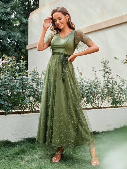 Leely Elegant V Neck Flounce Sleeve A-line Party Dress