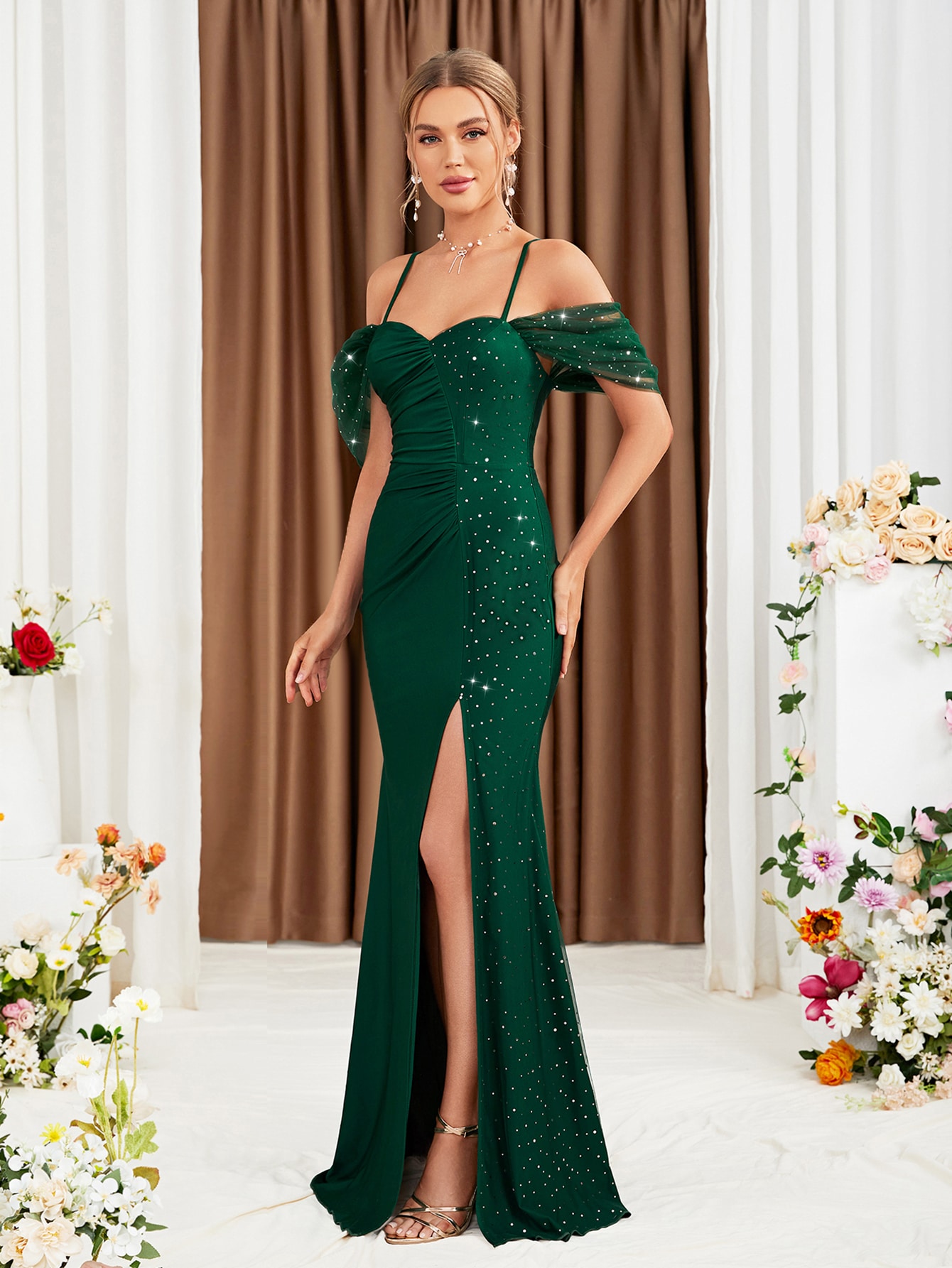 Leely Elegant Spaghetti Straps Cold Shoulder Mermaid Party Dress