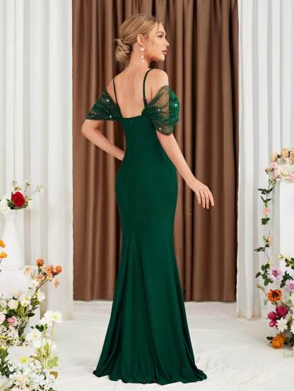 Leely Elegant Spaghetti Straps Cold Shoulder Mermaid Party Dress