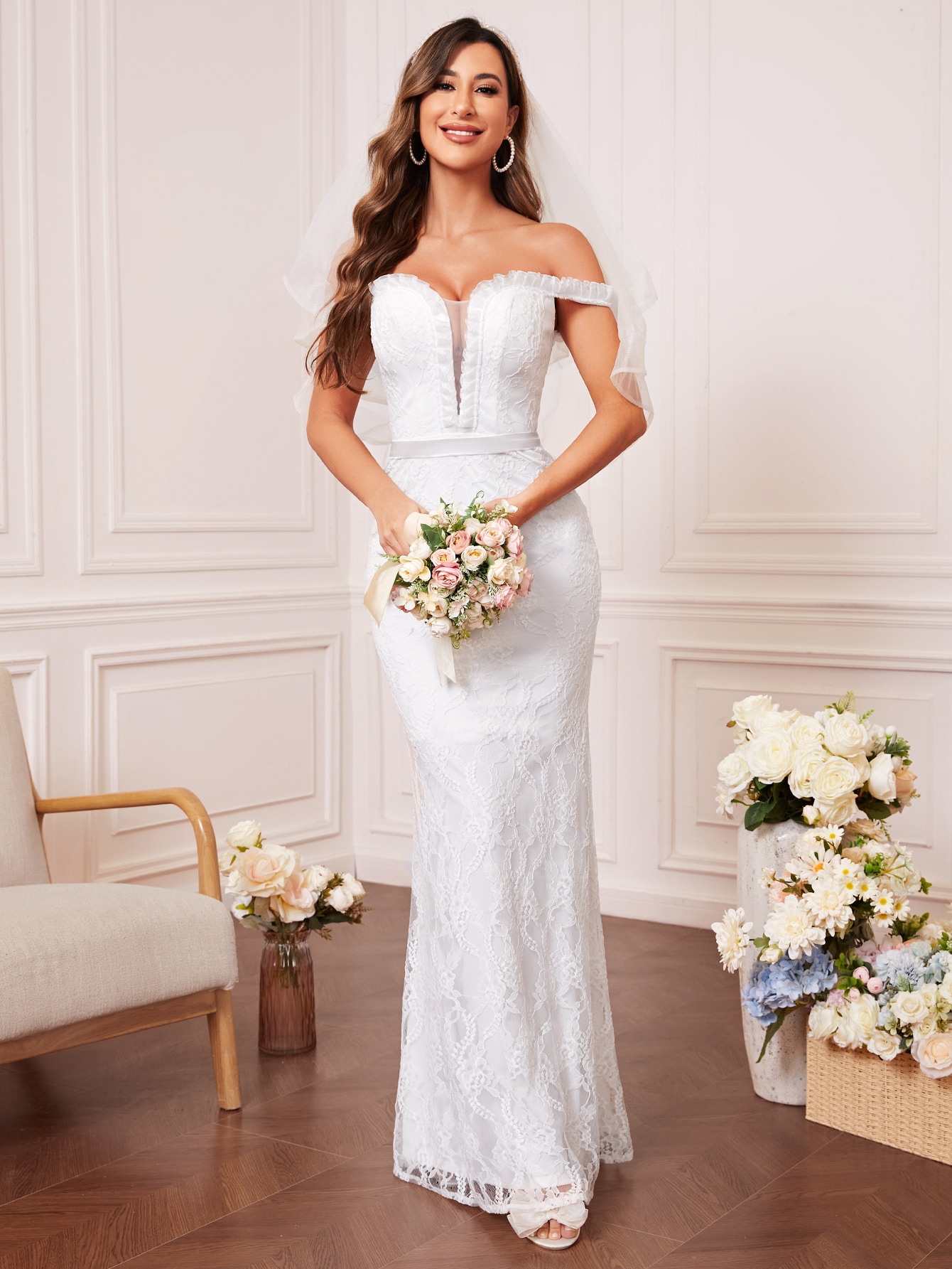 Leely Elegant Off The Shoulder Sleeveless Mermaid Wedding Dress