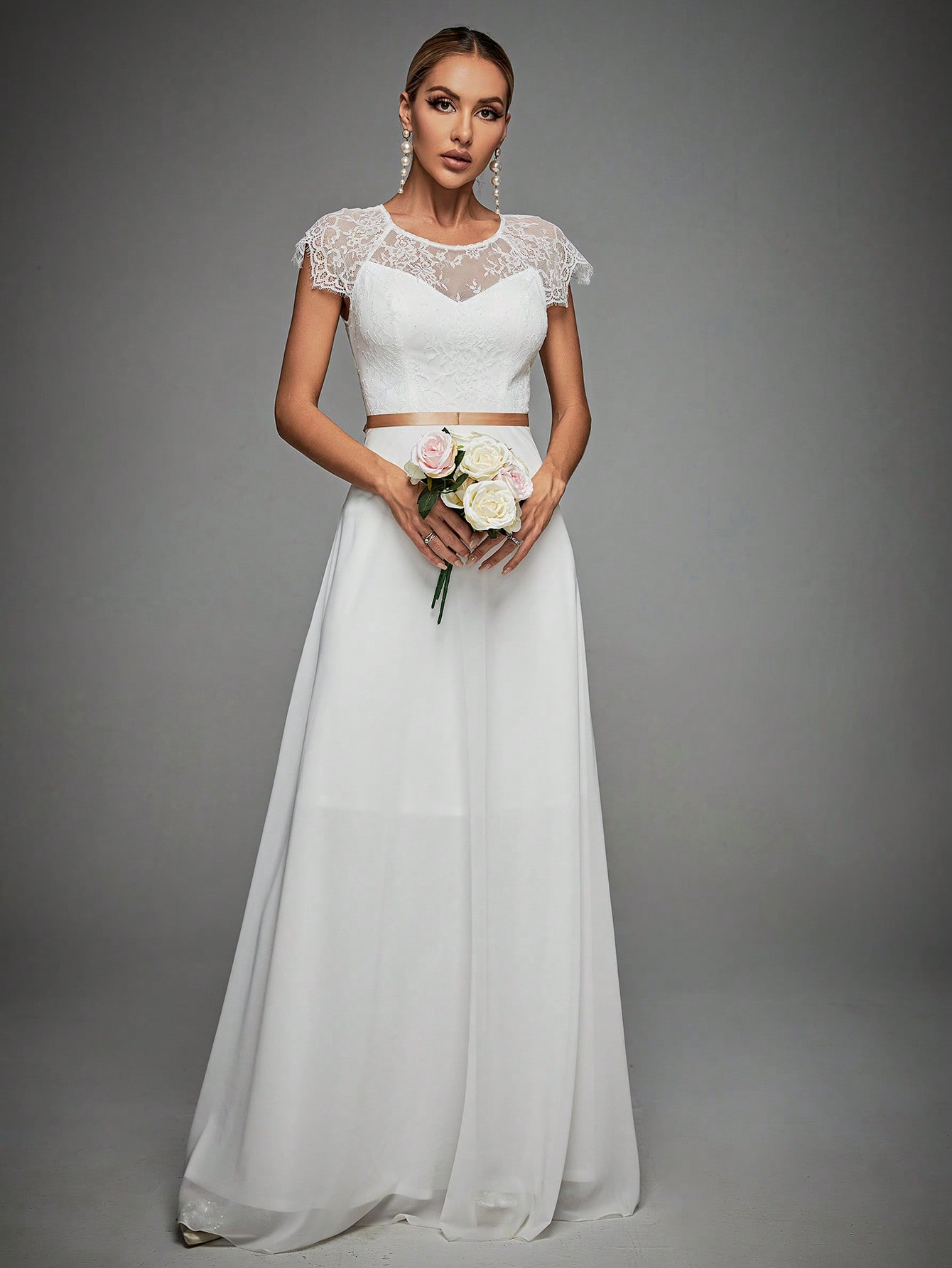 Leely White Lace & Chiffon A-Line Wedding Dress with Keyhole Back