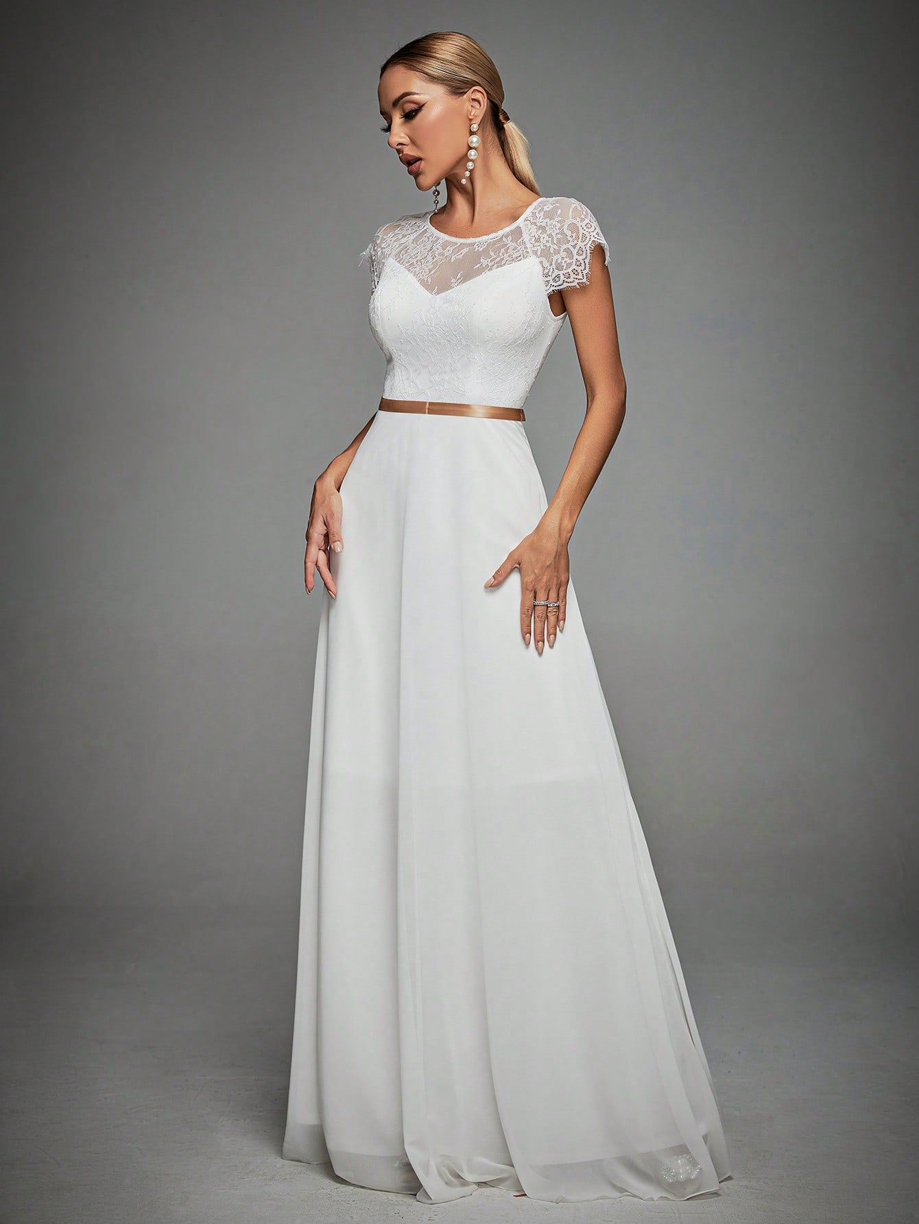 Leely White Lace & Chiffon A-Line Wedding Dress with Keyhole Back