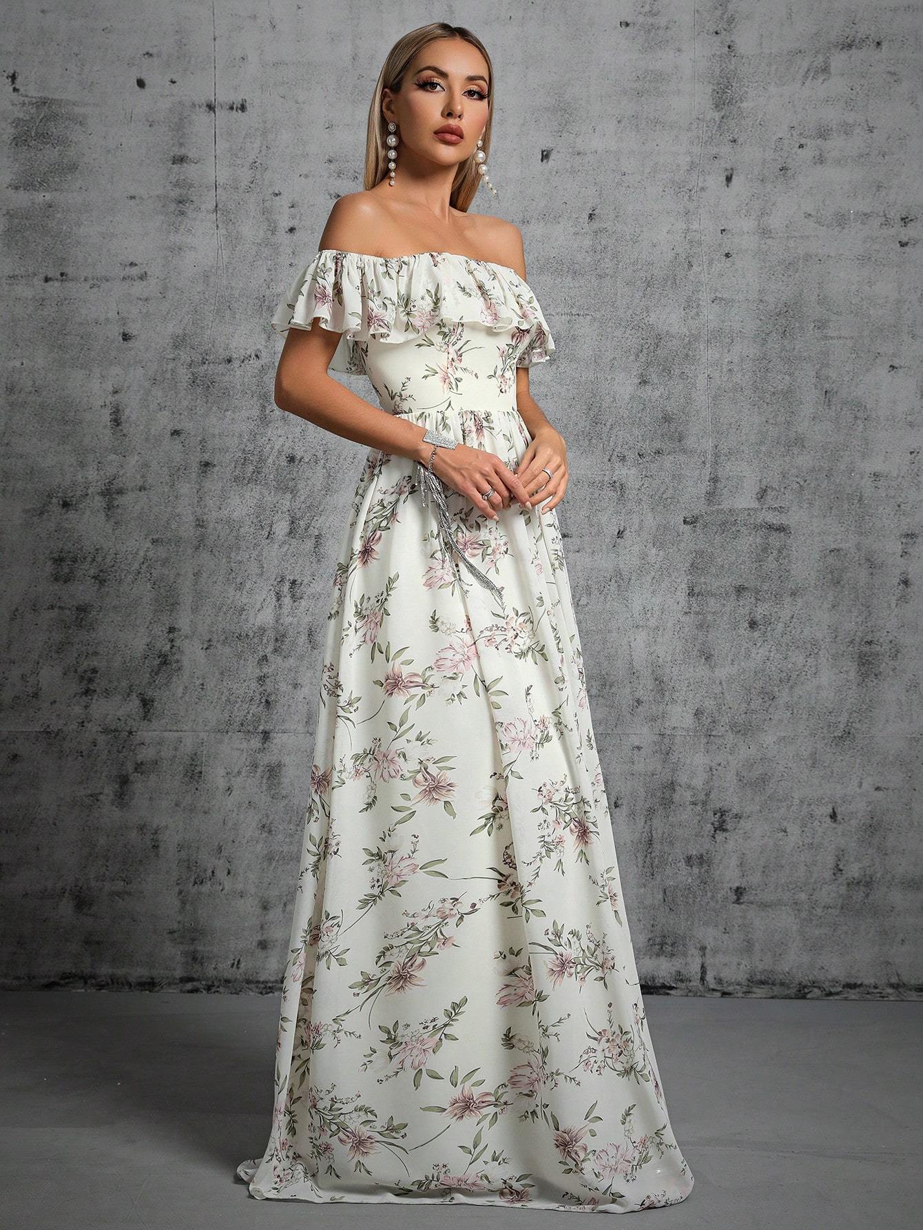 Leely Women's Elegant Off‑the‑Shoulder Sleeveless Print Party Dress