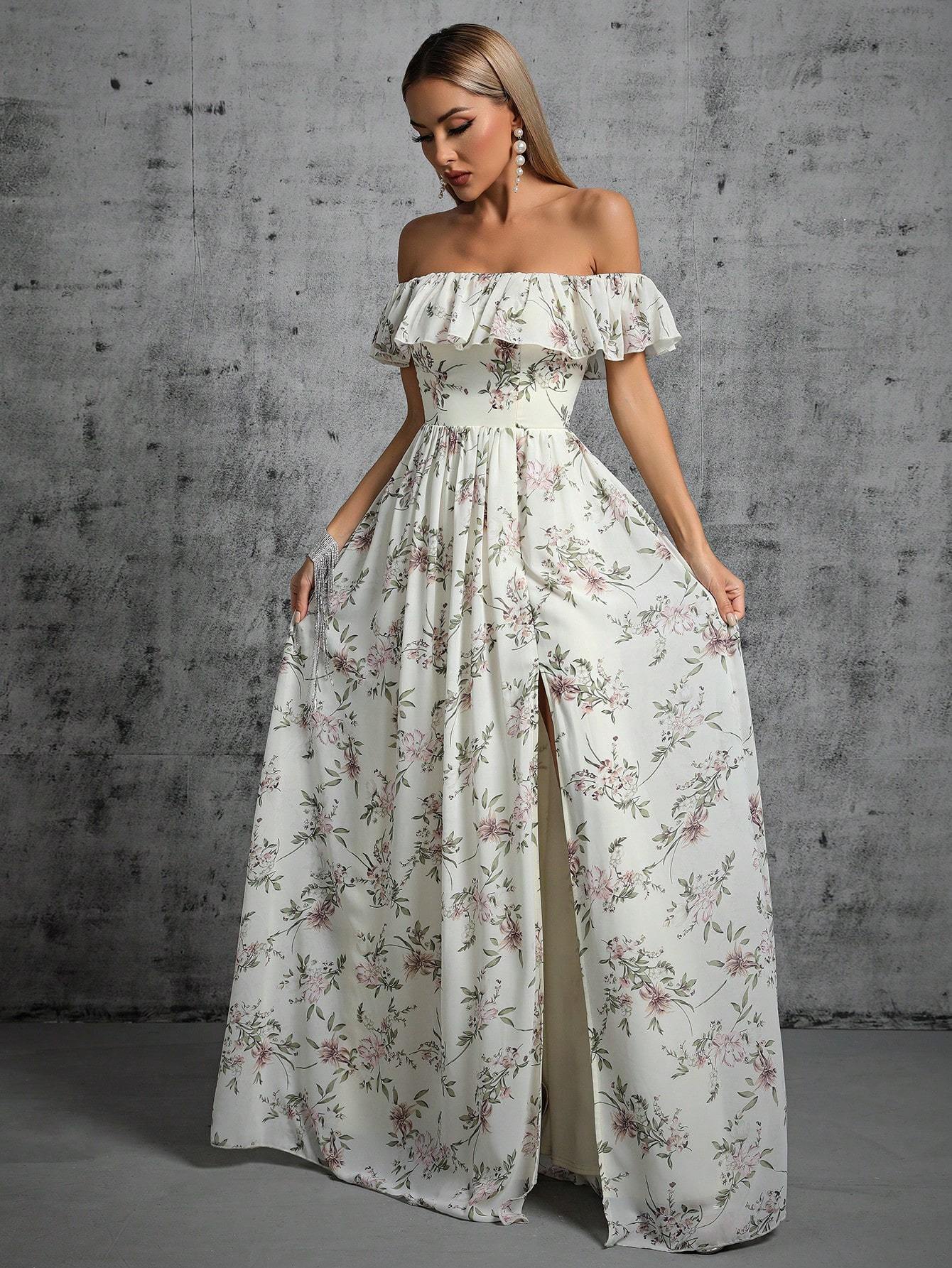 Leely Women's Elegant Off‑the‑Shoulder Sleeveless Print Party Dress