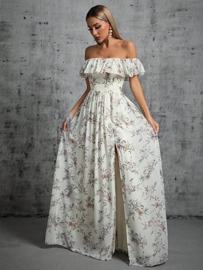 Leely Women's Elegant Off‑the‑Shoulder Sleeveless Print Party Dress
