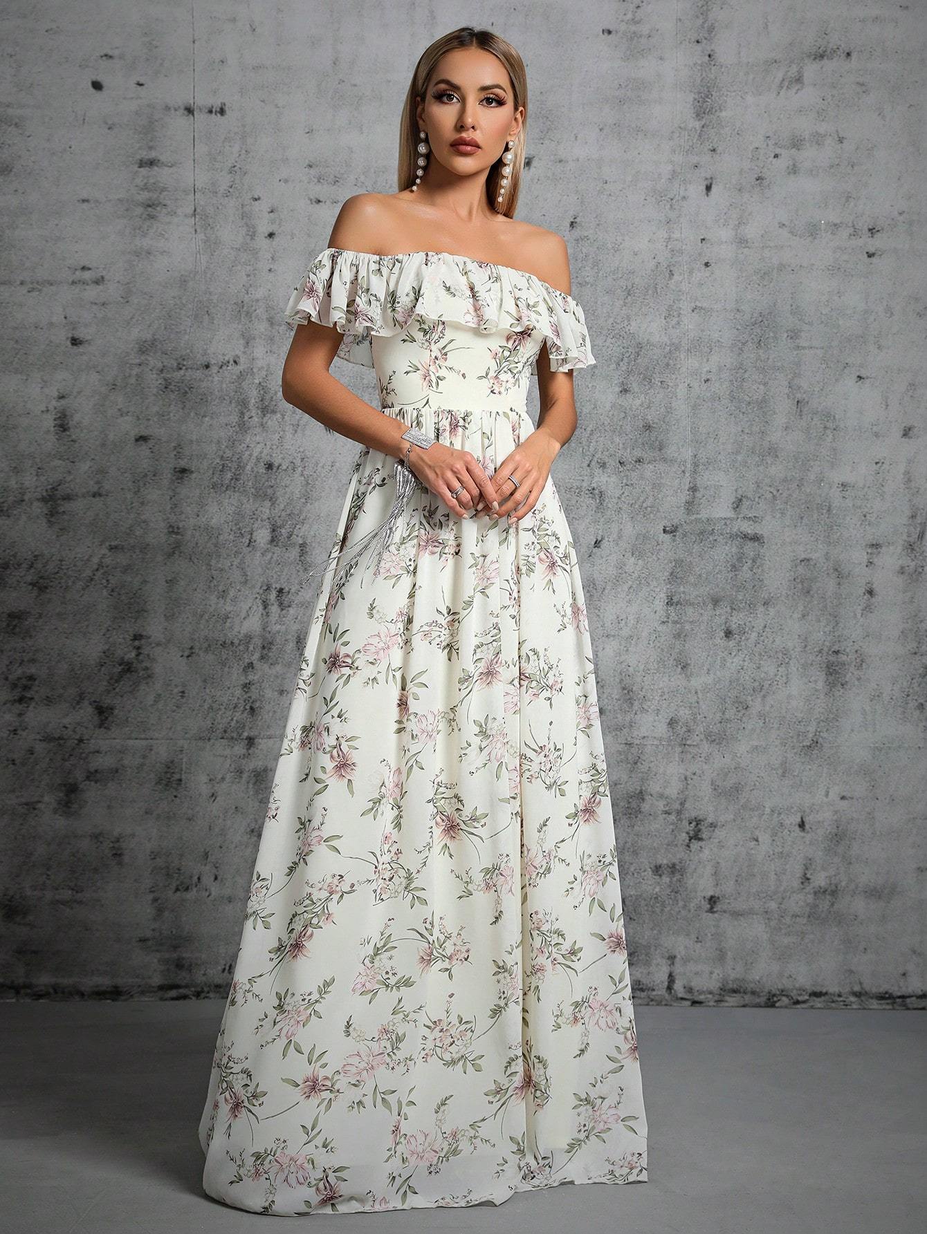 Leely Women's Elegant Off‑the‑Shoulder Sleeveless Print Party Dress