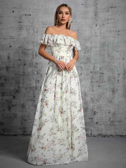 Leely Women's Elegant Off‑the‑Shoulder Sleeveless Print Party Dress