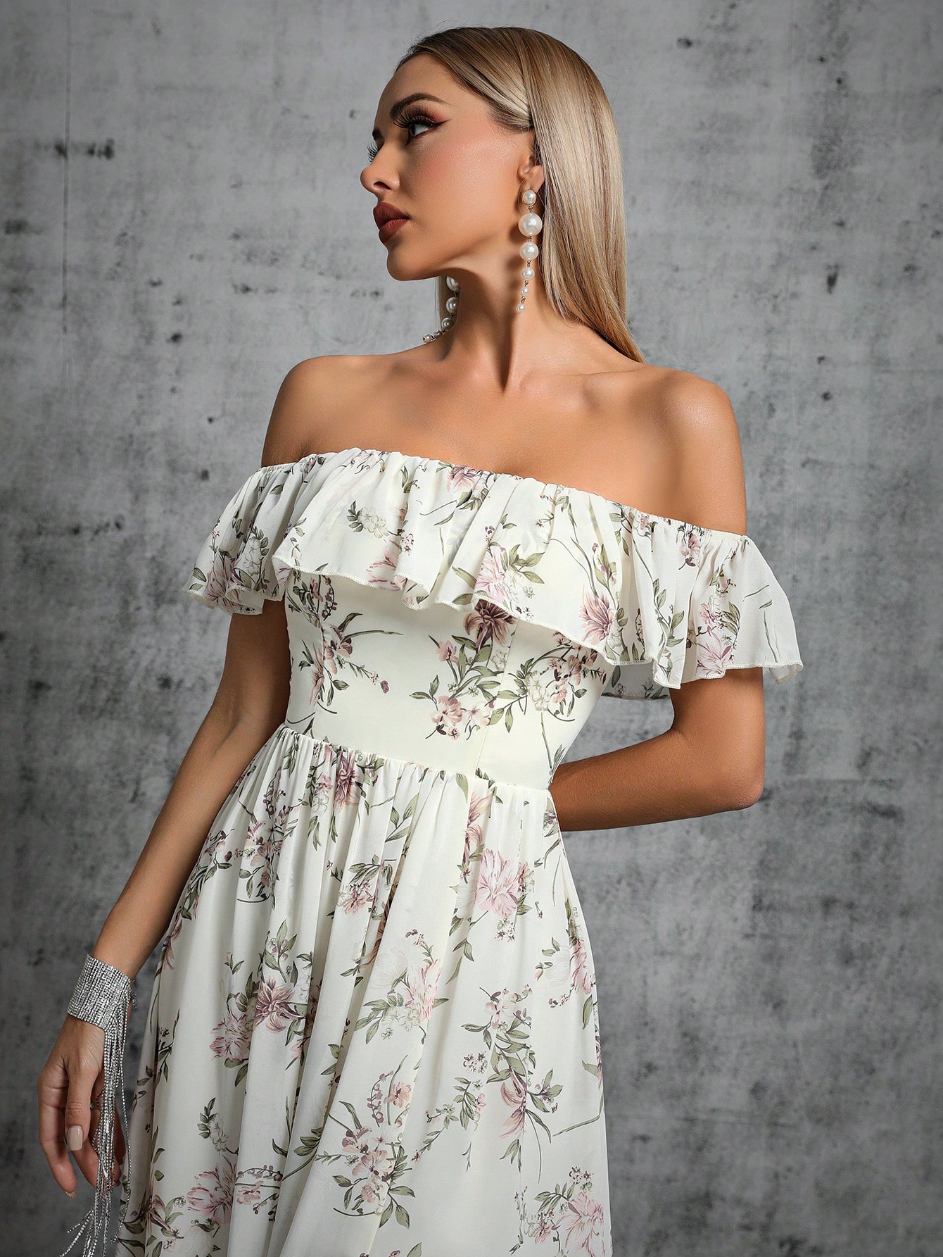 Leely Women's Elegant Off‑the‑Shoulder Sleeveless Print Party Dress