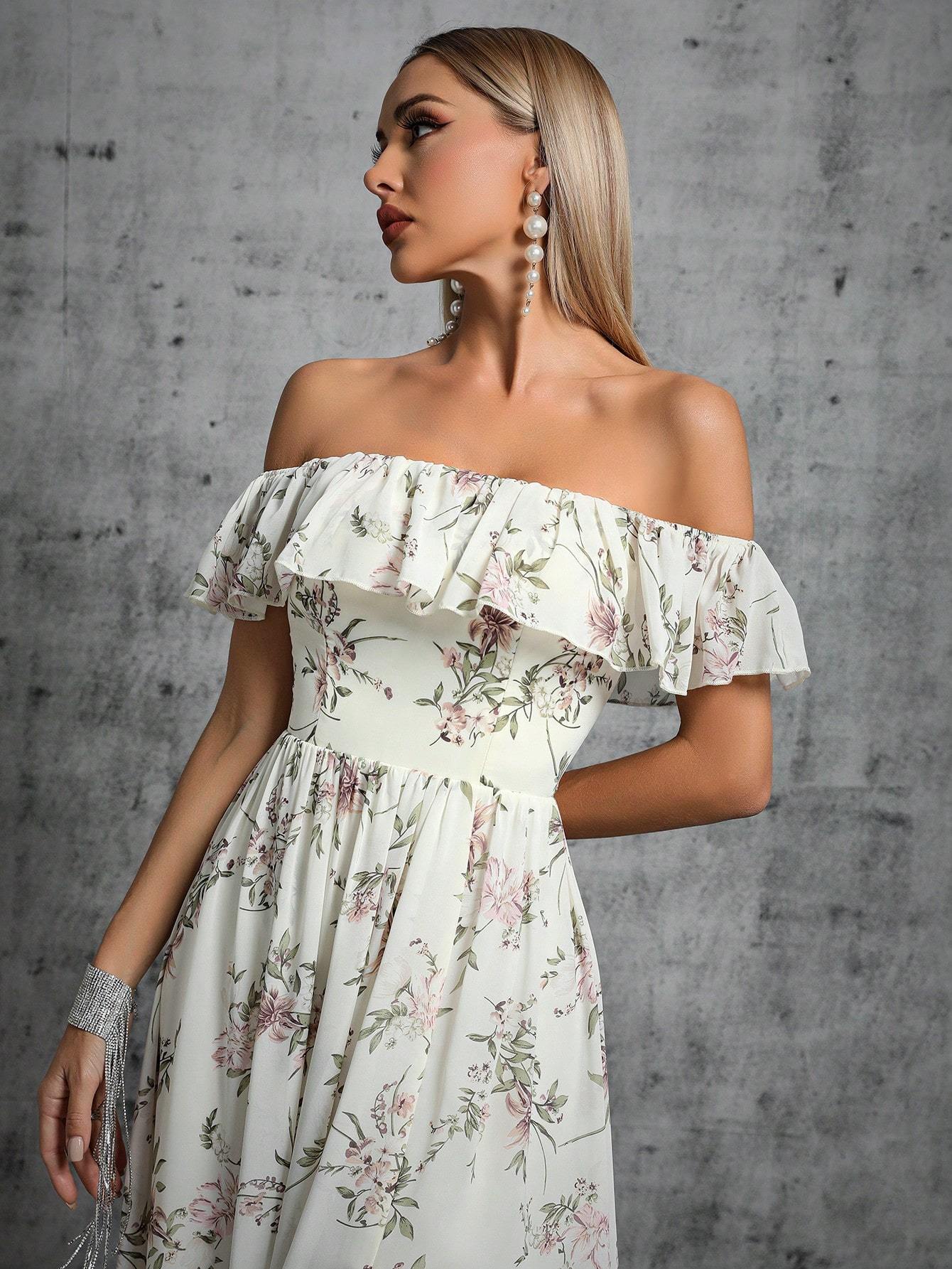 Leely Women's Elegant Off‑the‑Shoulder Sleeveless Print Party Dress