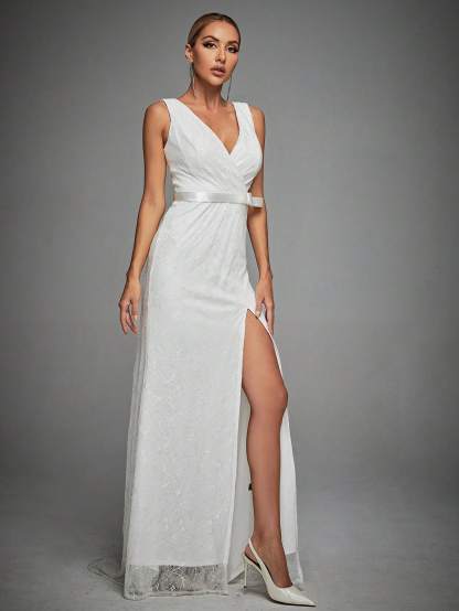 Leely Women's Elegant V Neck Sleeveless Wrap Dress