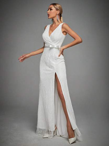 Leely Women's Elegant V Neck Sleeveless Wrap Dress