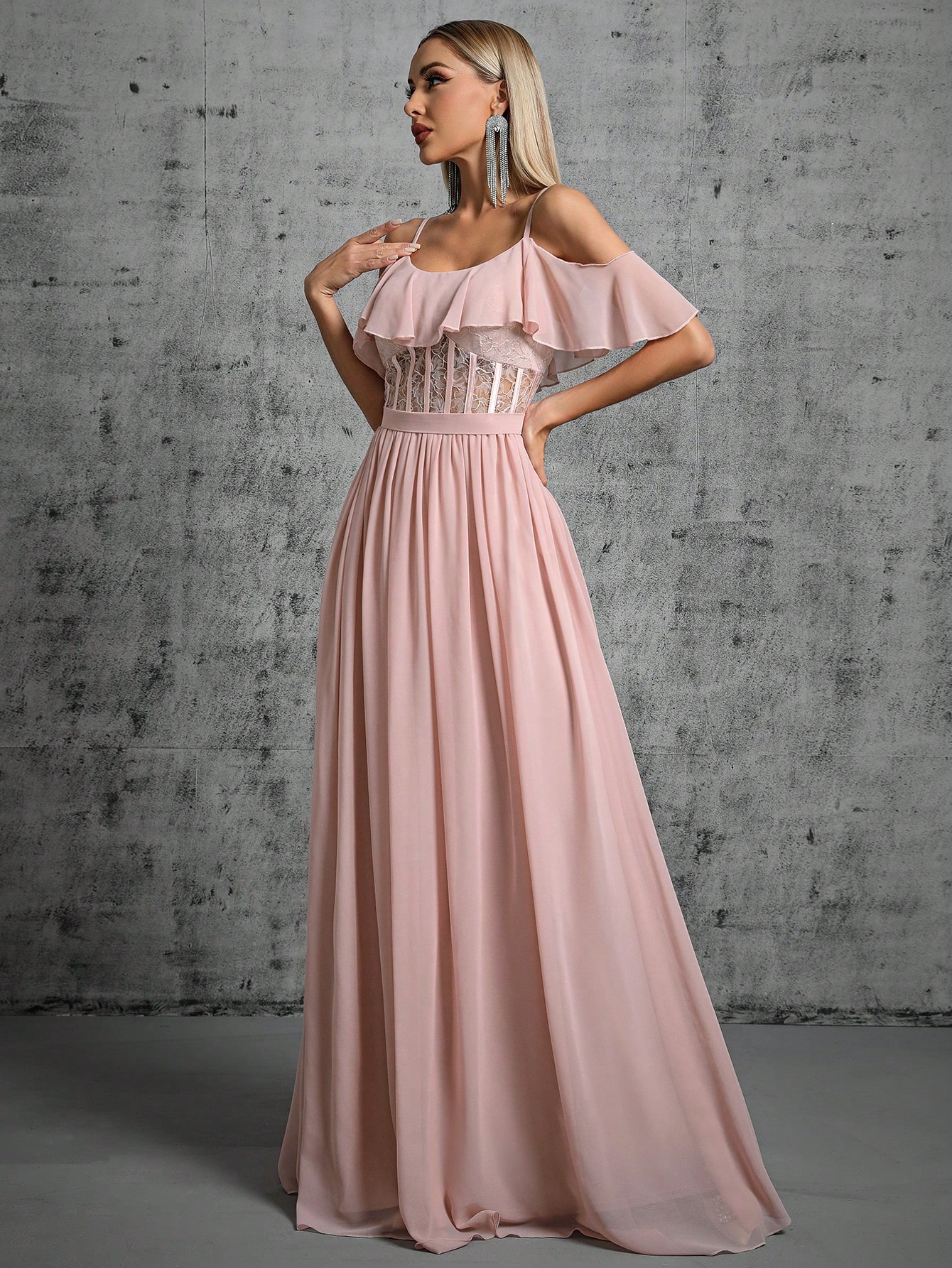 Leely Women's Elegant Spaghetti Strap Cold Shoulder Ruffle A-Line Dress