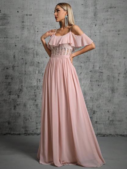 Leely Women's Elegant Spaghetti Strap Cold Shoulder Ruffle A-Line Dress