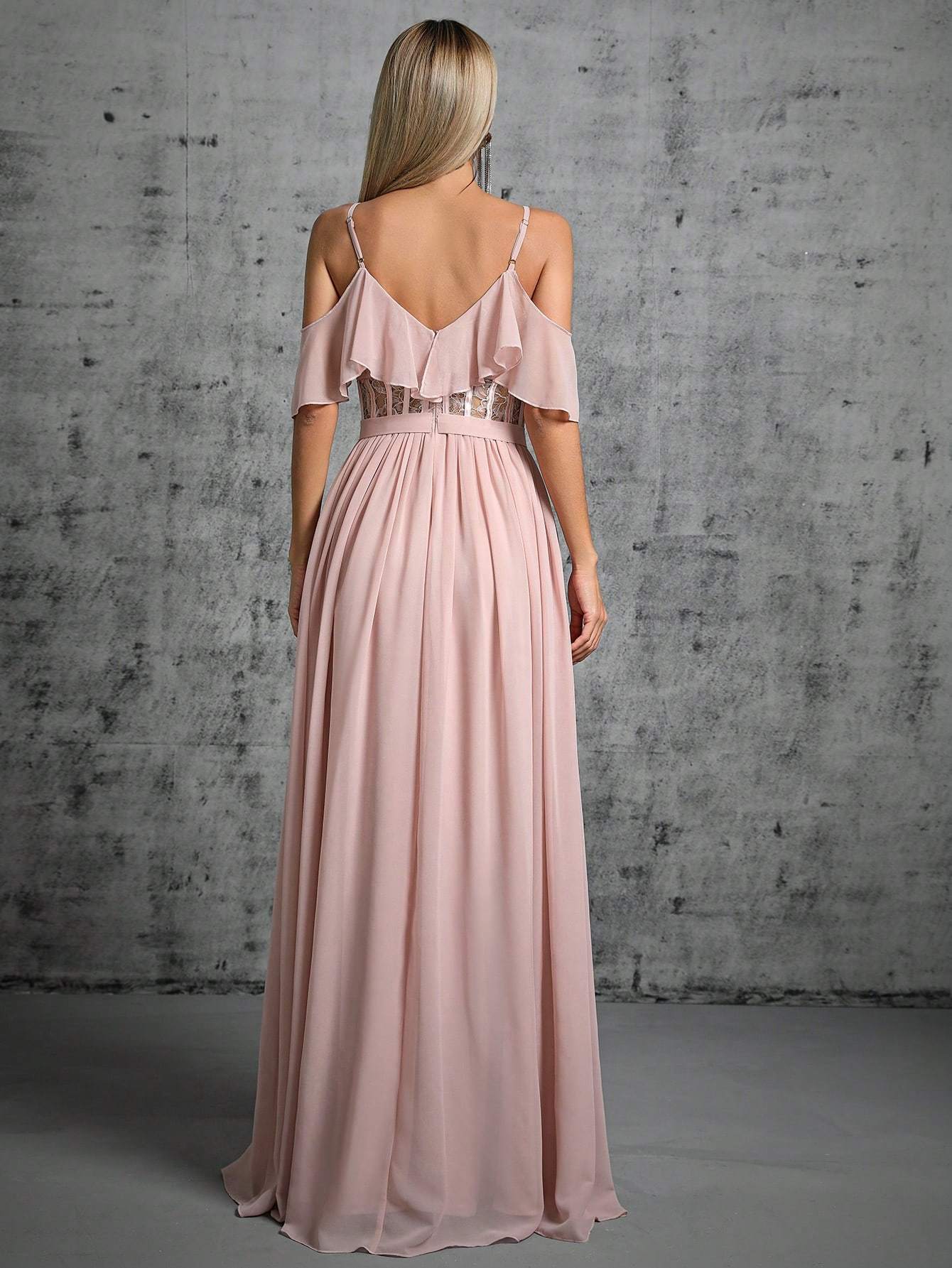 Leely Women's Elegant Spaghetti Strap Cold Shoulder Ruffle A-Line Dress