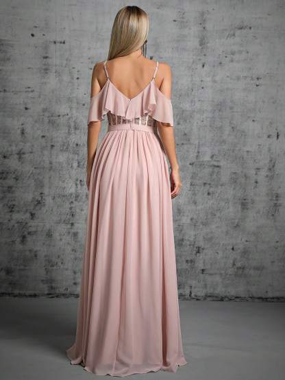 Leely Women's Elegant Spaghetti Strap Cold Shoulder Ruffle A-Line Dress