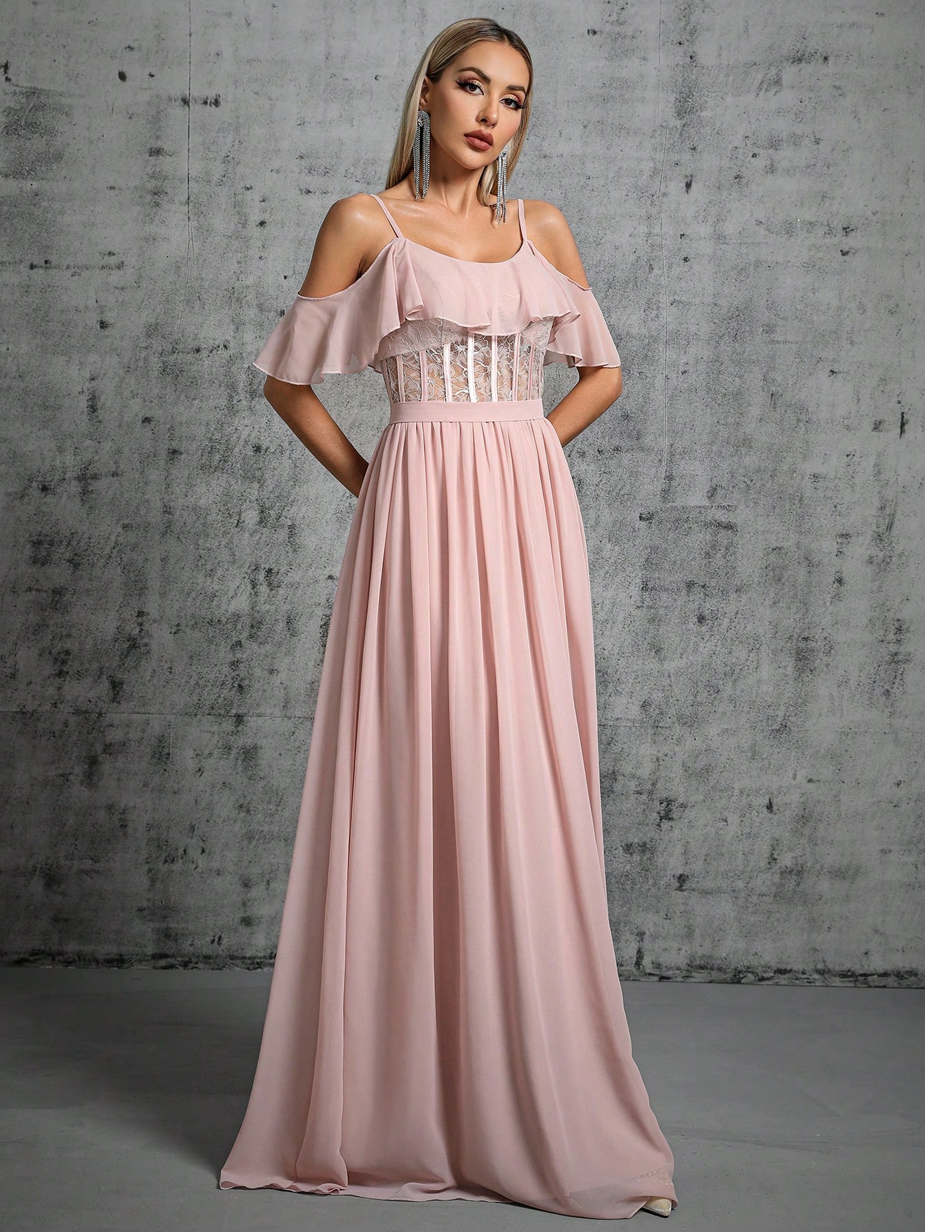 Leely Women's Elegant Spaghetti Strap Cold Shoulder Ruffle A-Line Dress